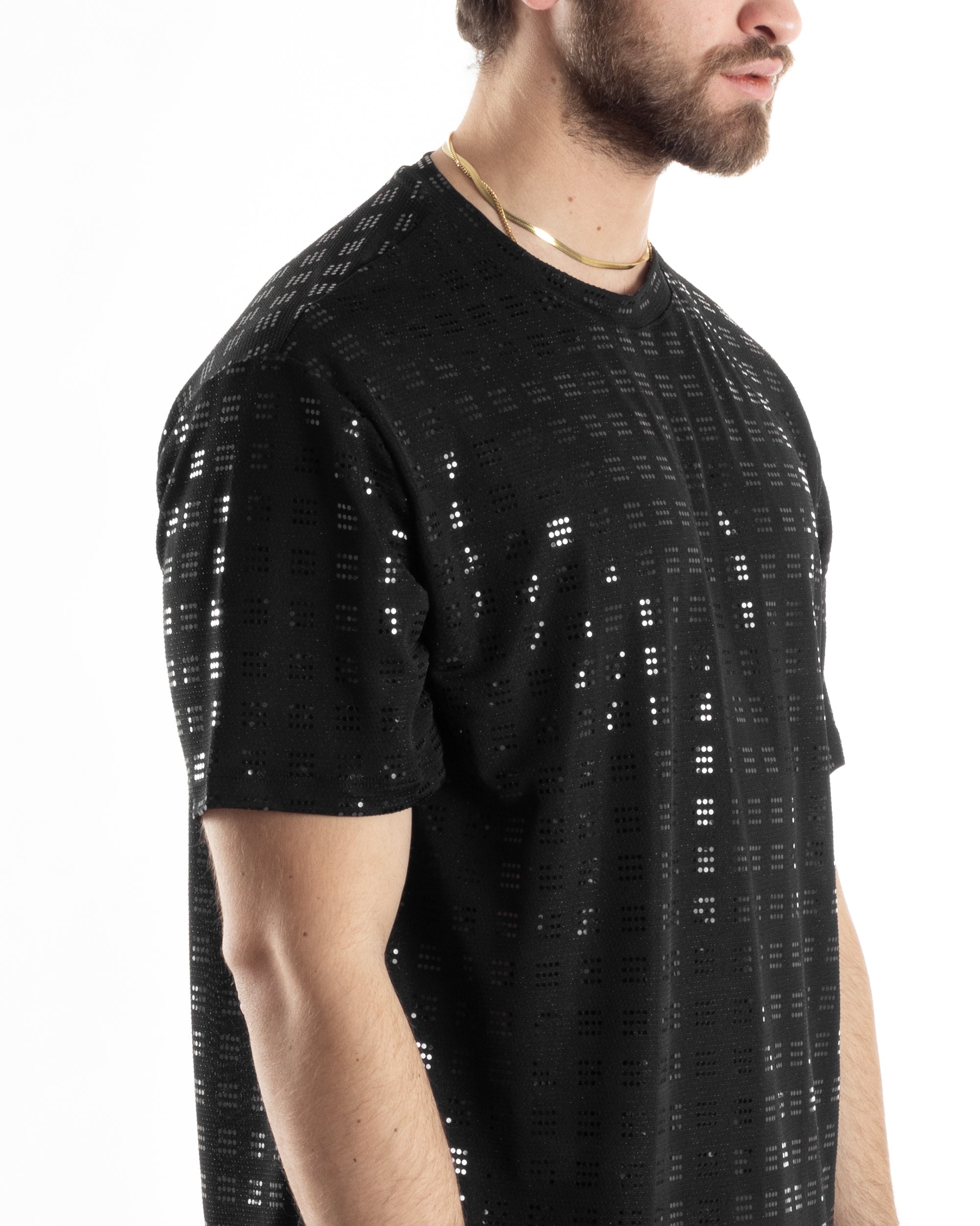 T-shirt Uomo Manica Corta Con Brillantini Strass Diamond Viscosa Cotone Nero Casual GIOSAL-TS3030A