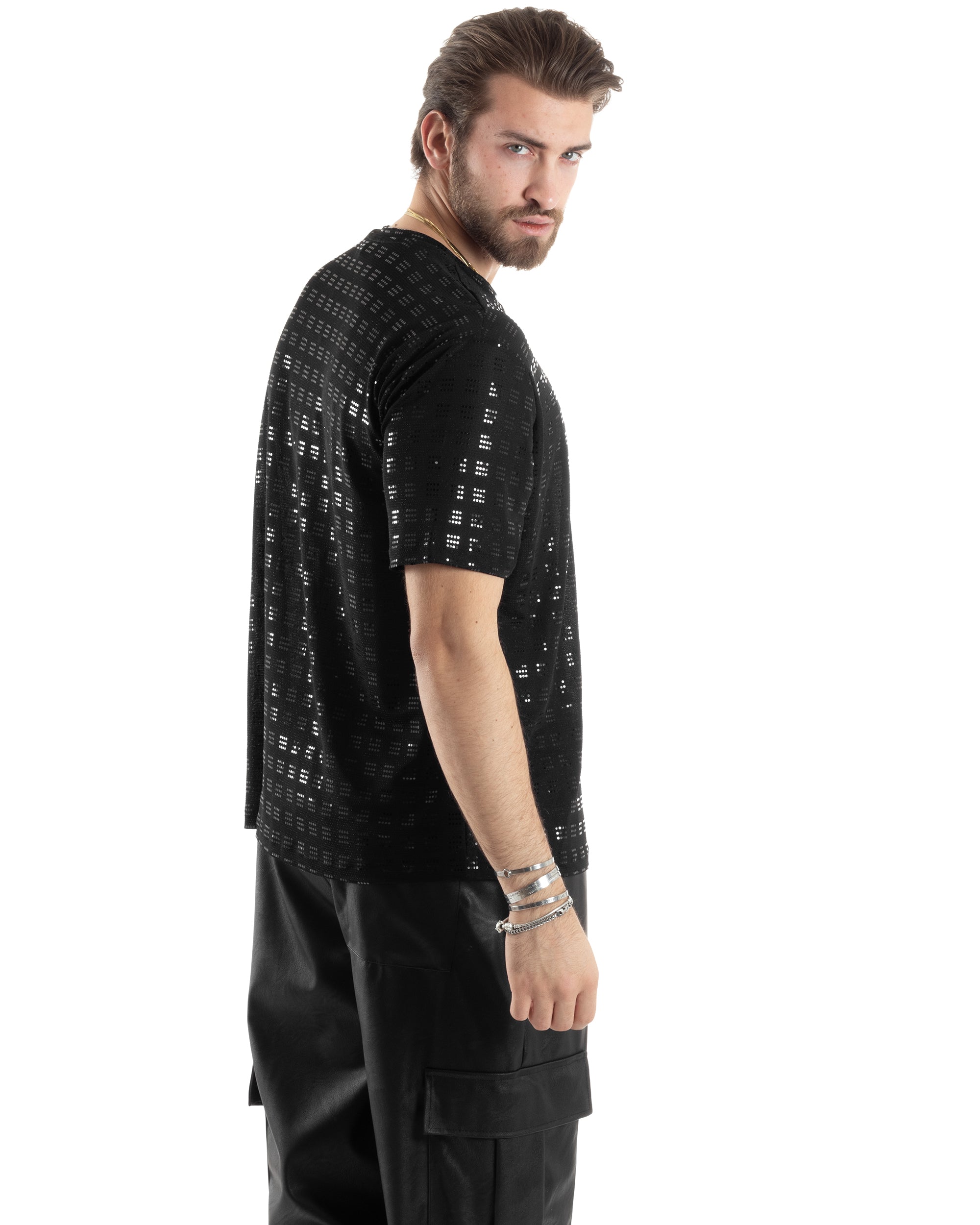 T-shirt Uomo Manica Corta Con Brillantini Strass Diamond Viscosa Cotone Nero Casual GIOSAL-TS3030A