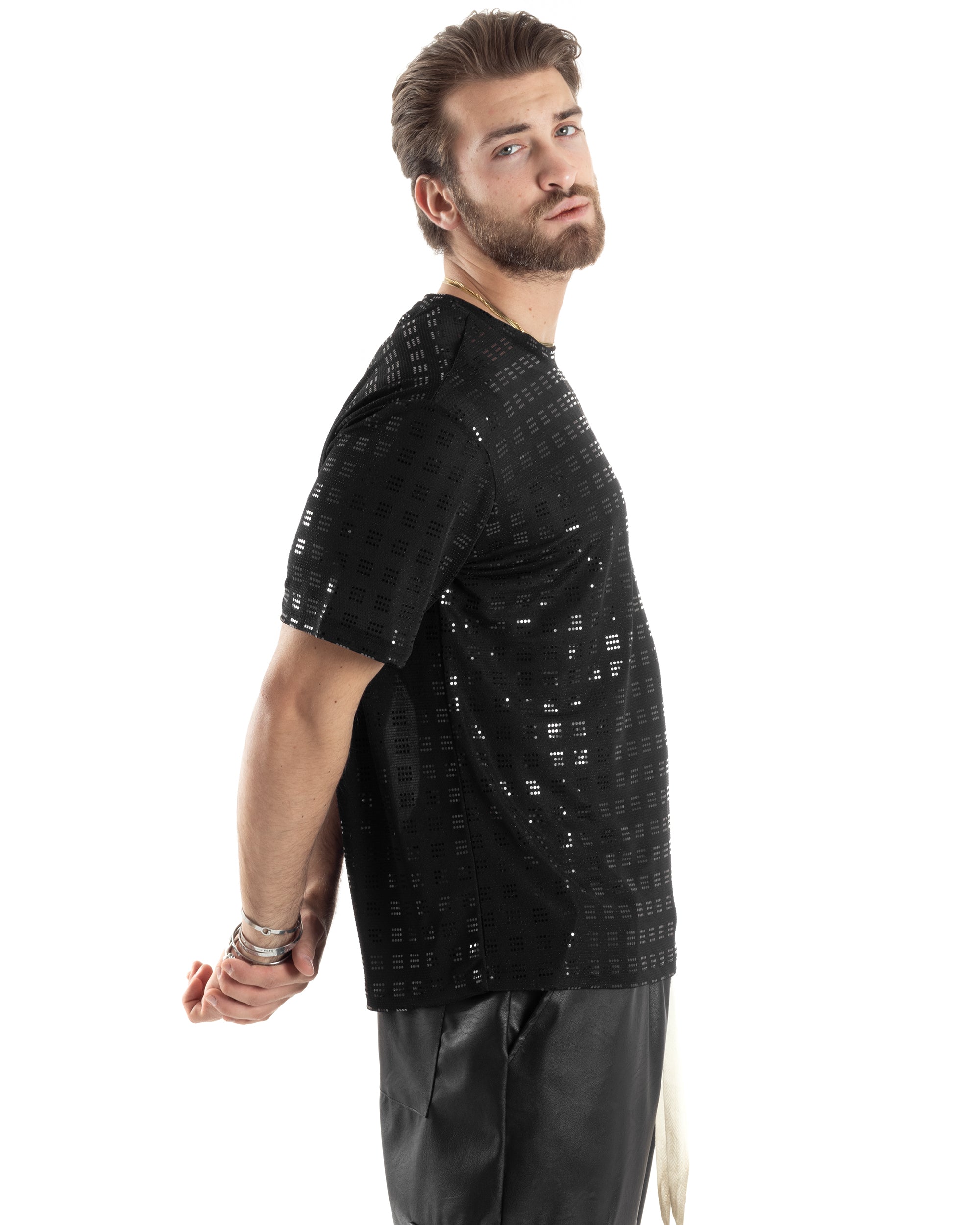T-shirt Uomo Manica Corta Con Brillantini Strass Diamond Viscosa Cotone Nero Casual GIOSAL-TS3030A