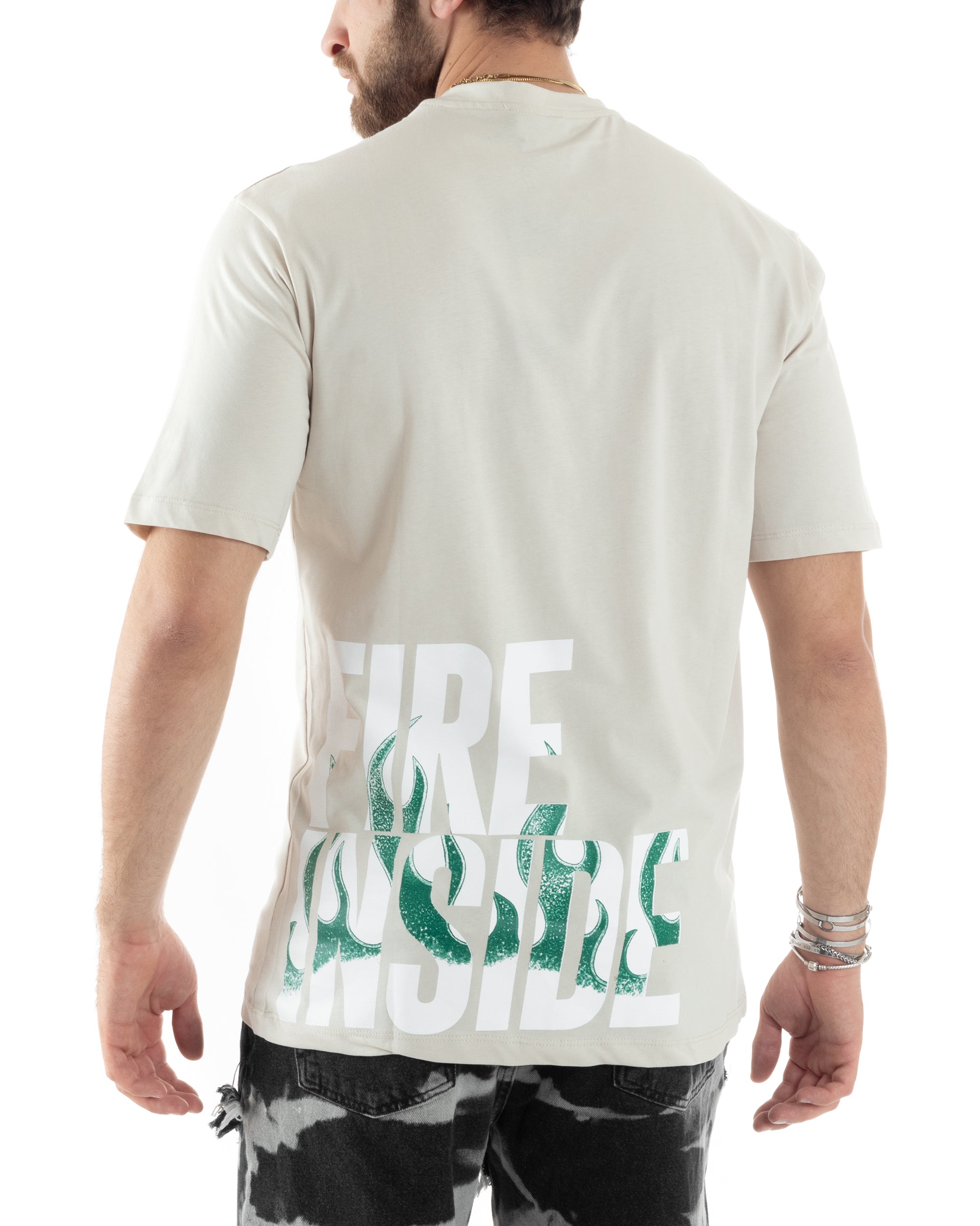 T-Shirt Uomo Con Stampa Maglia Maniche Corte Girocollo Cotone Beige GIOSAL-TS3031A