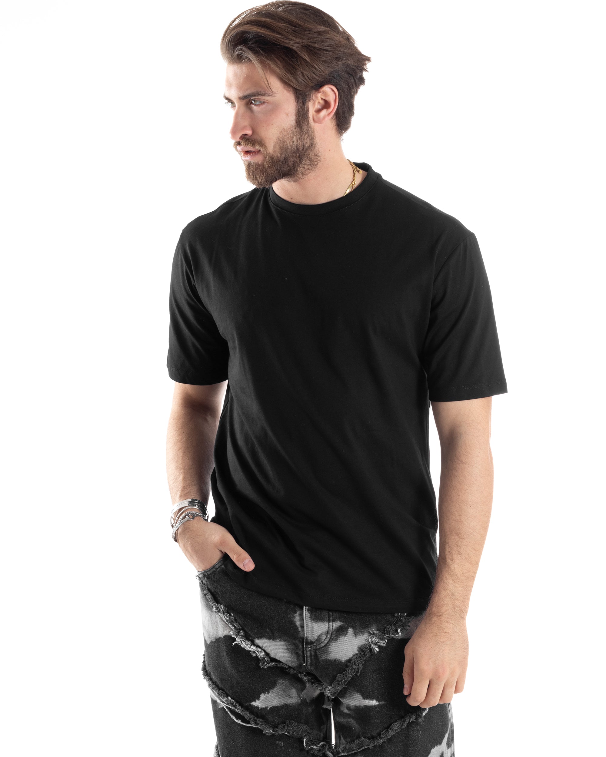 T-Shirt Uomo Con Stampa Maglia Manica Corta Girocollo Cotone Nero GIOSAL-TS3032A