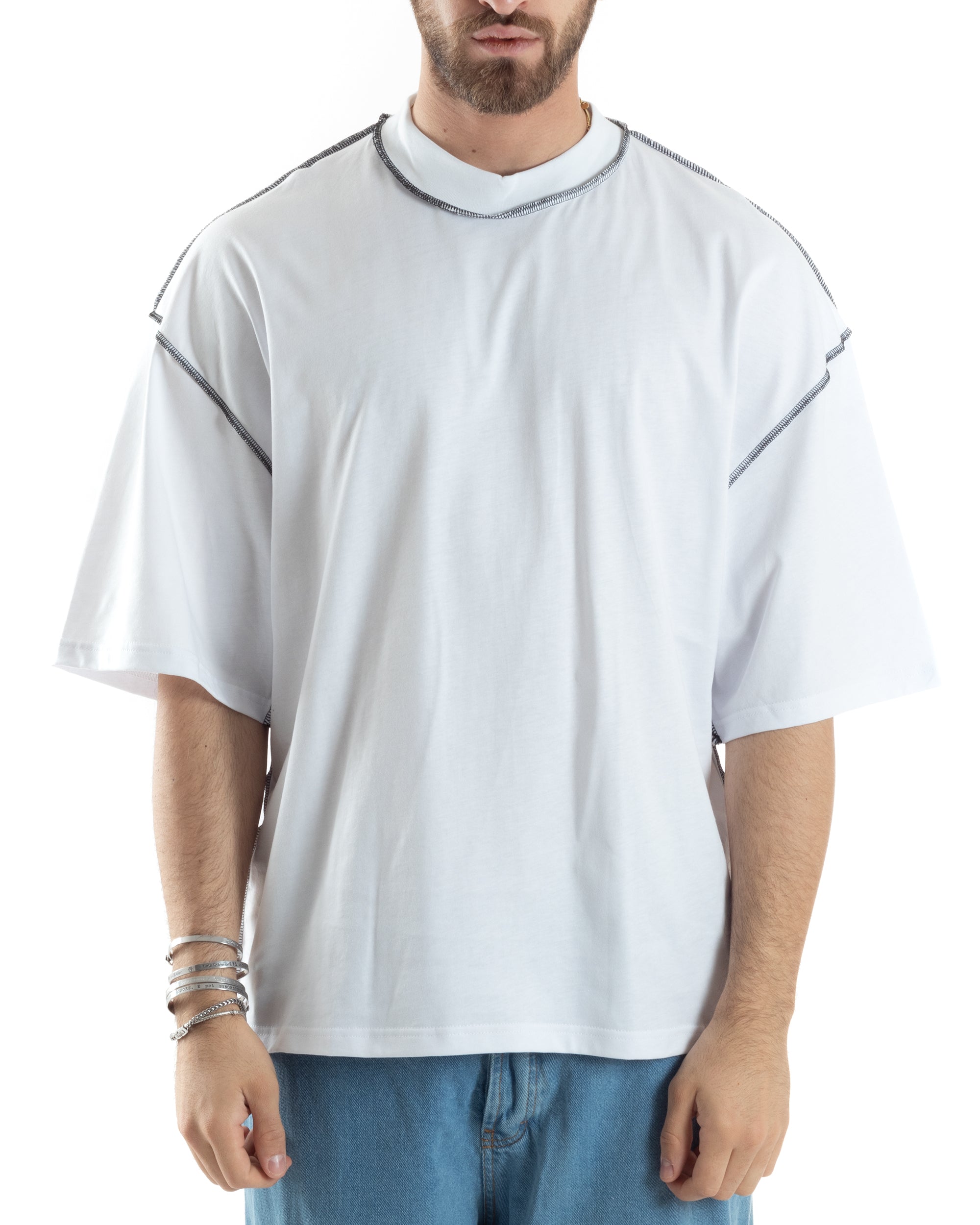 T-shirt Uomo Girocollo Boxy Fit Oversize Spalla Scesa Gola Alta Cuciture A Contrasto Cotone Bianco GIOSAL-TS3033A