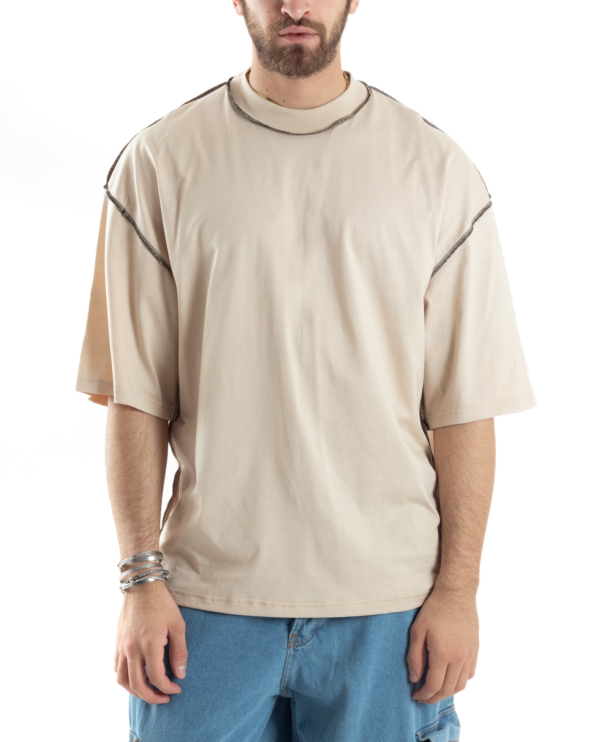 T-shirt Uomo Girocollo Boxy Fit Oversize Spalla Scesa Gola Alta Cuciture A Contrasto Cotone Beige GIOSAL-TS3034A
