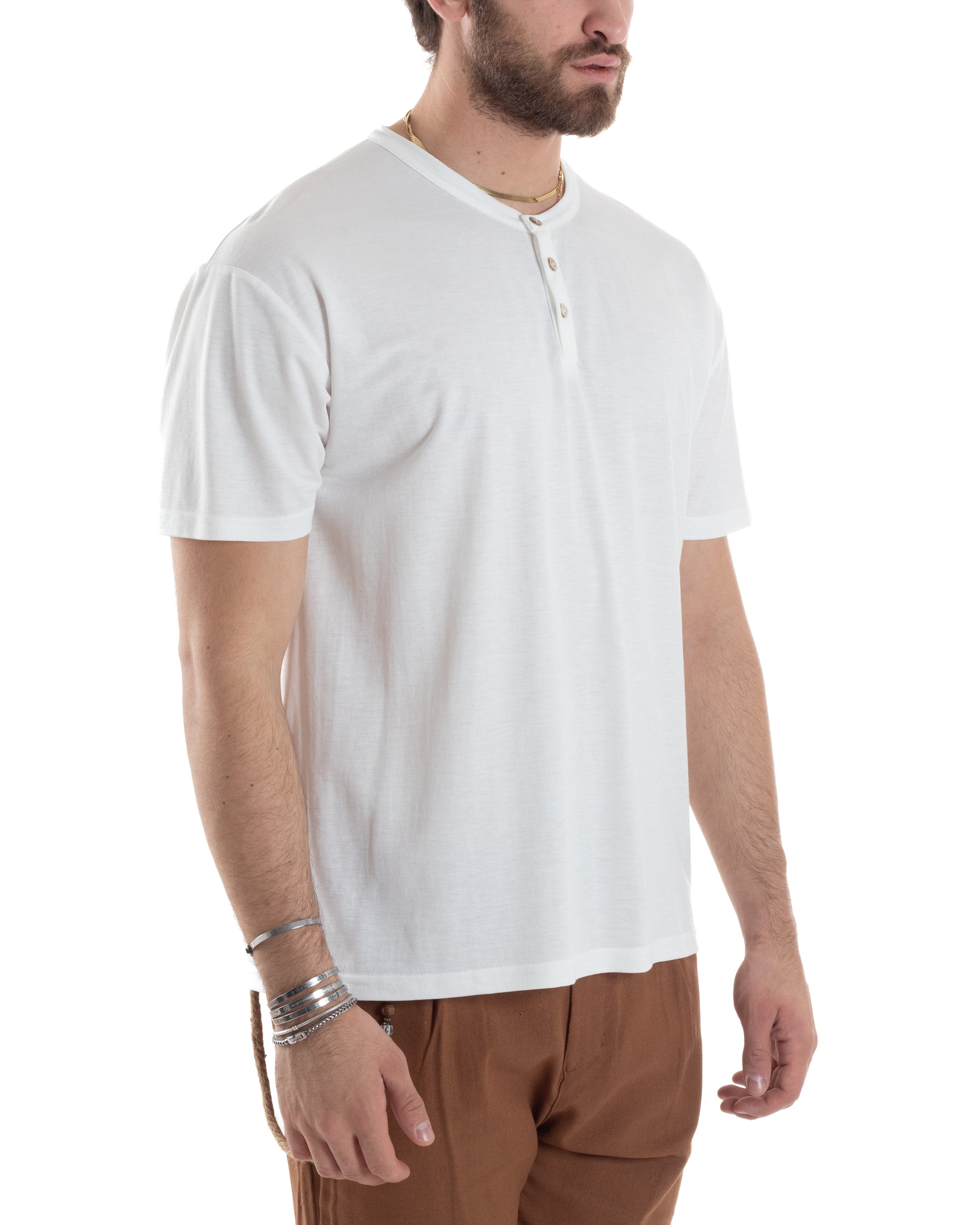 T-shirt Uomo Manica Corta Viscosa Collo Serafino Maglia Con Bottoni Casual Bianco GIOSAL-TS3035A