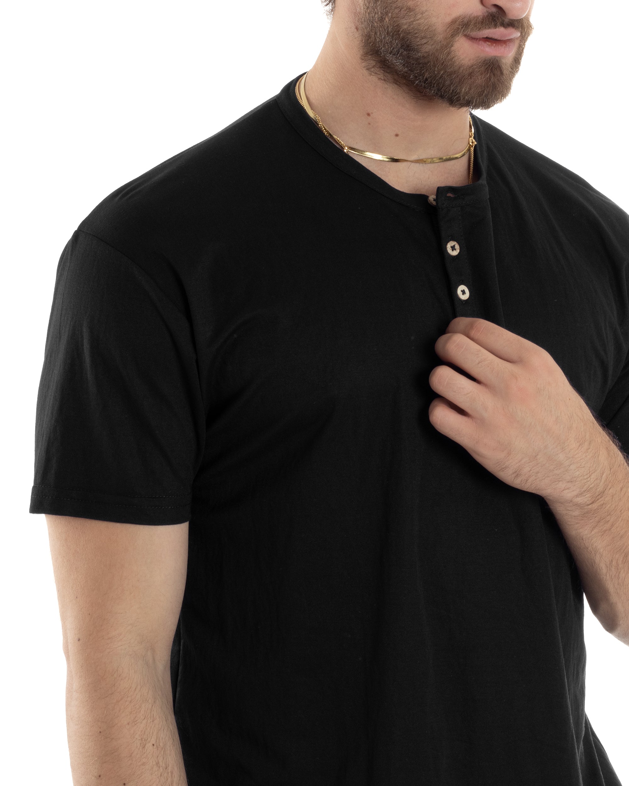 T-shirt Uomo Manica Corta Viscosa Collo Serafino Maglia Con Bottoni Casual Nero GIOSAL-TS3036A