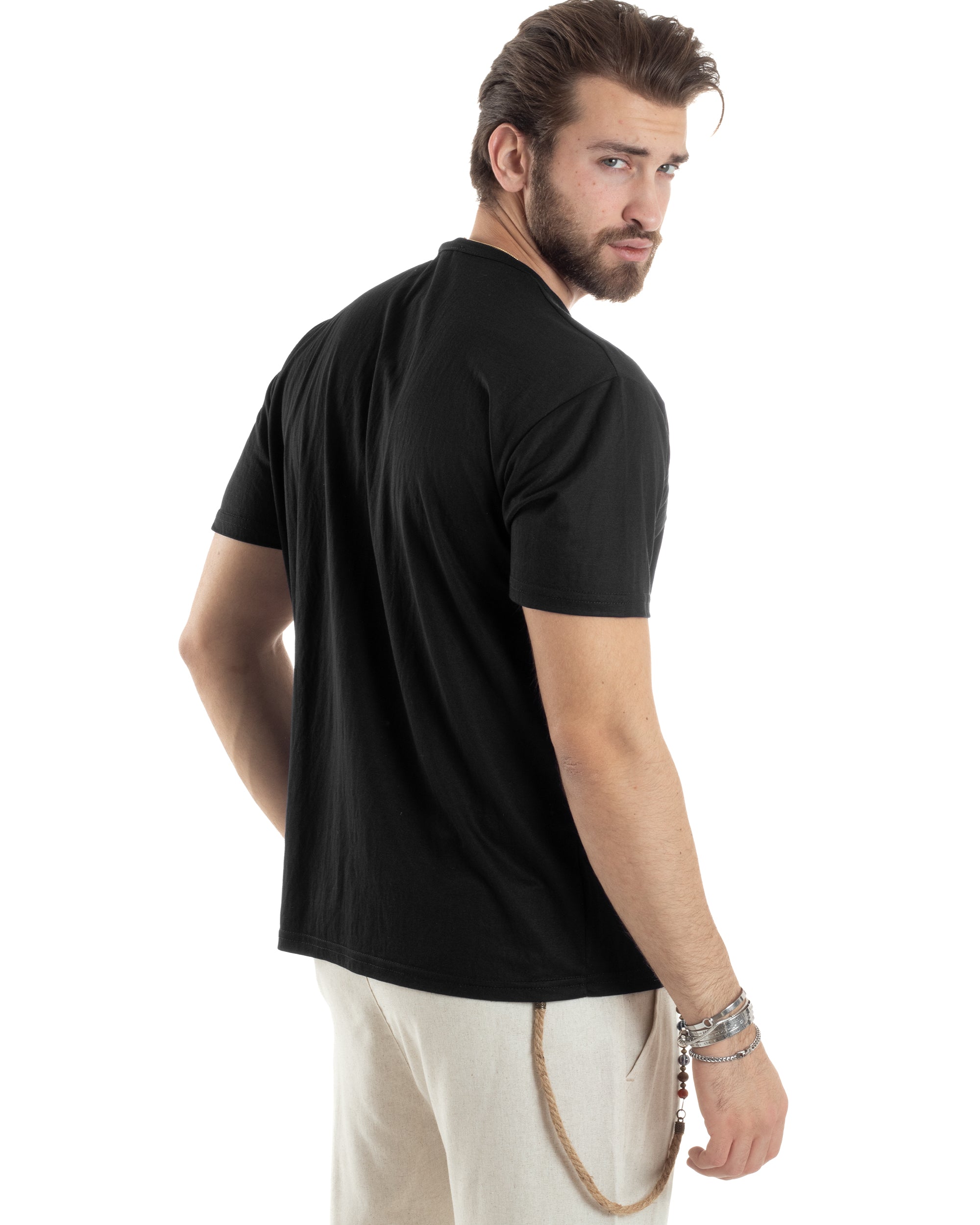 T-shirt Uomo Maniche Corte Viscosa Collo Serafino Maglia Con Bottoni Casual Nero GIOSAL-TS3036A