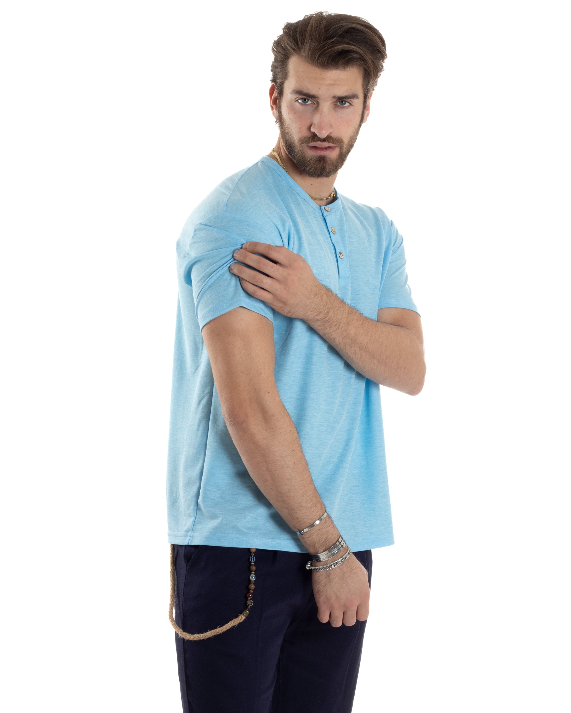 T-shirt Uomo Maniche Corte Viscosa Collo Serafino Maglia Con Bottoni Casual Azzurro GIOSAL-TS3037A