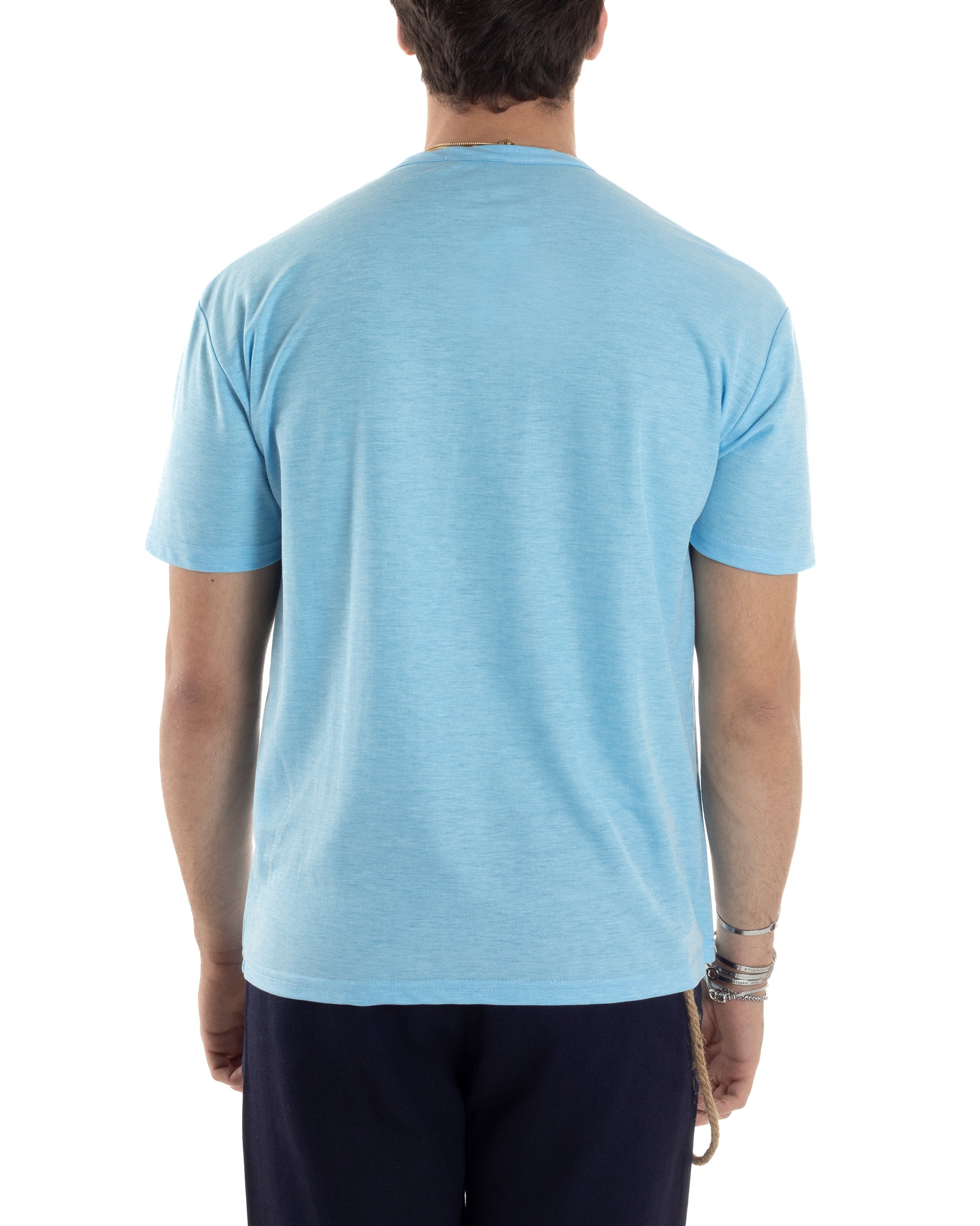 T-shirt Uomo Maniche Corte Viscosa Collo Serafino Maglia Con Bottoni Casual Azzurro GIOSAL-TS3037A