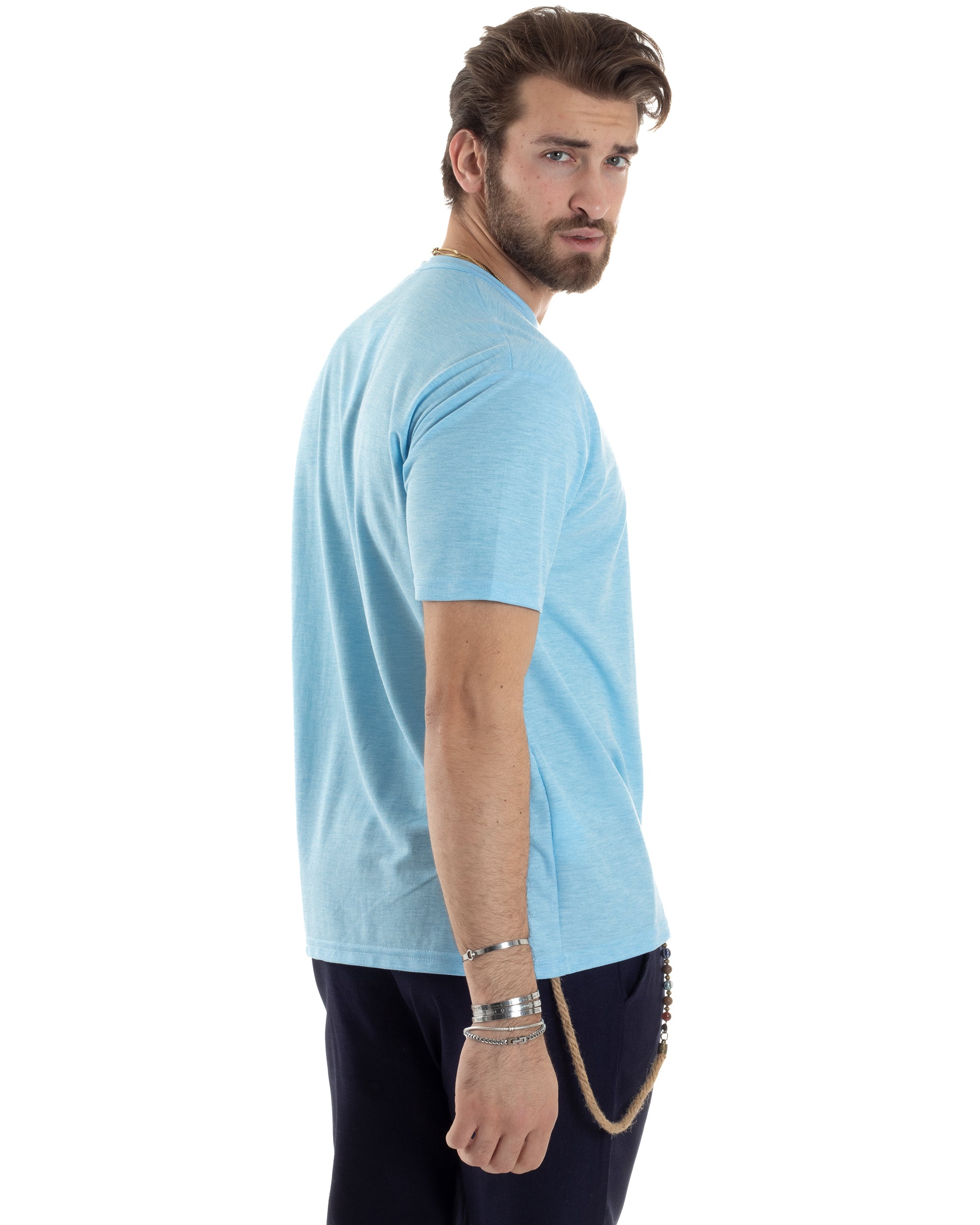 T-shirt Uomo Manica Corta Viscosa Collo Serafino Maglia Con Bottoni Casual Azzurro GIOSAL-TS3037A
