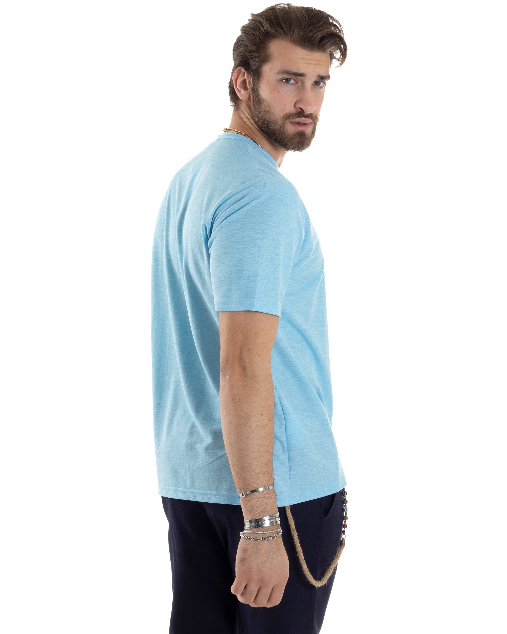 T-shirt Uomo Maniche Corte Viscosa Collo Serafino Maglia Con Bottoni Casual Azzurro GIOSAL-TS3037A