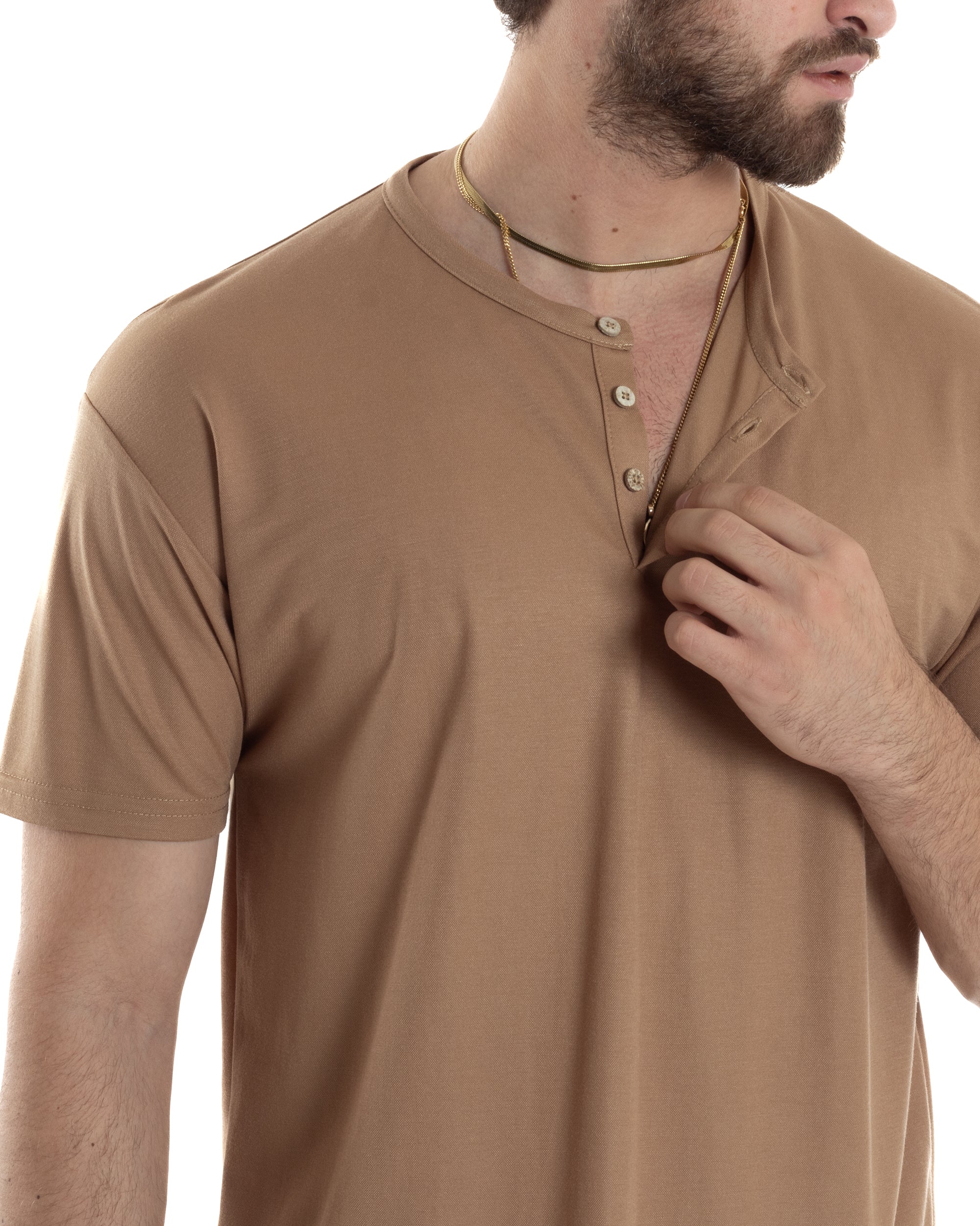 T-shirt Uomo Manica Corta Viscosa Collo Serafino Maglia Con Bottoni Casual Camel GIOSAL-TS3038A