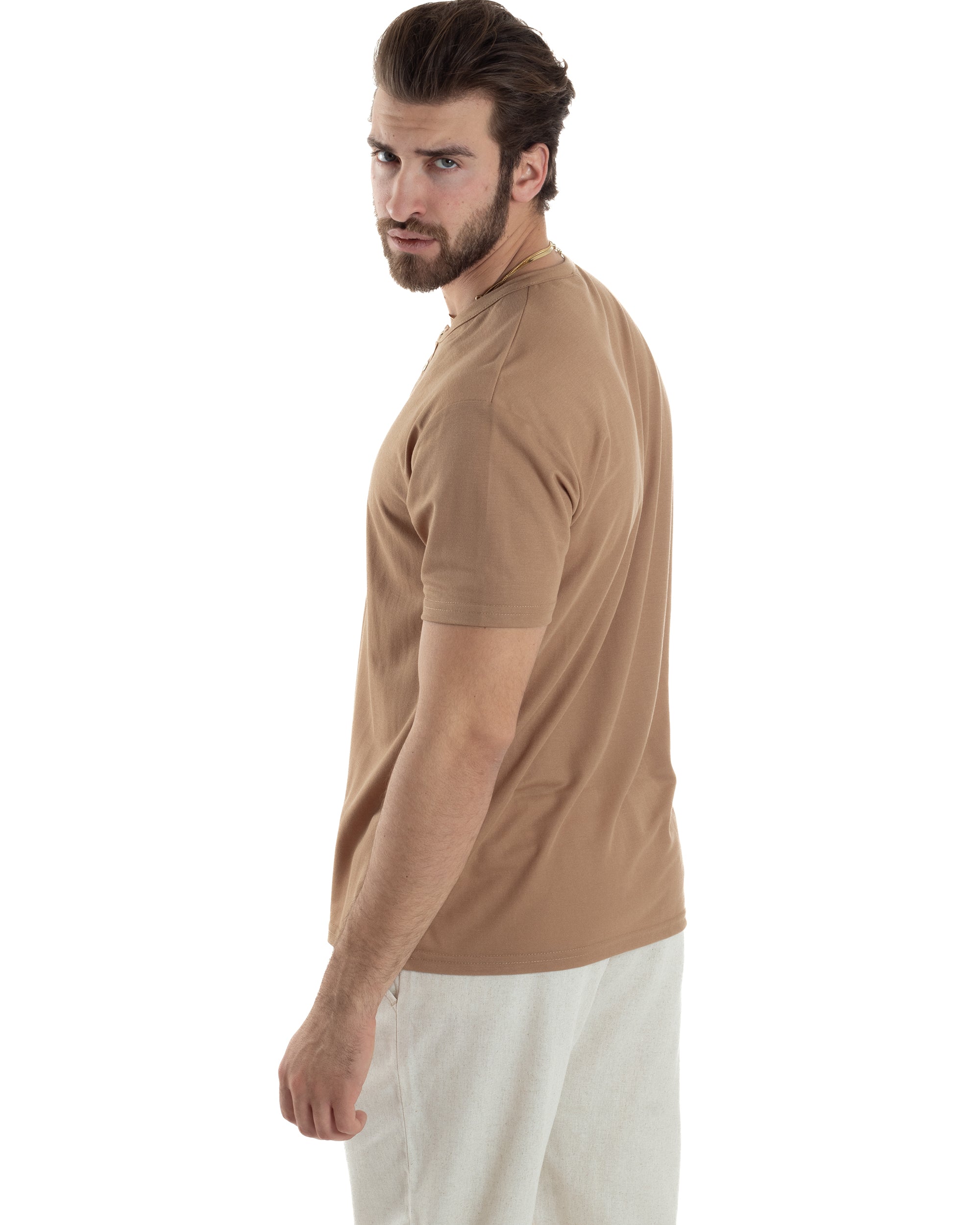 T-shirt Uomo Manica Corta Viscosa Collo Serafino Maglia Con Bottoni Casual Camel GIOSAL-TS3038A