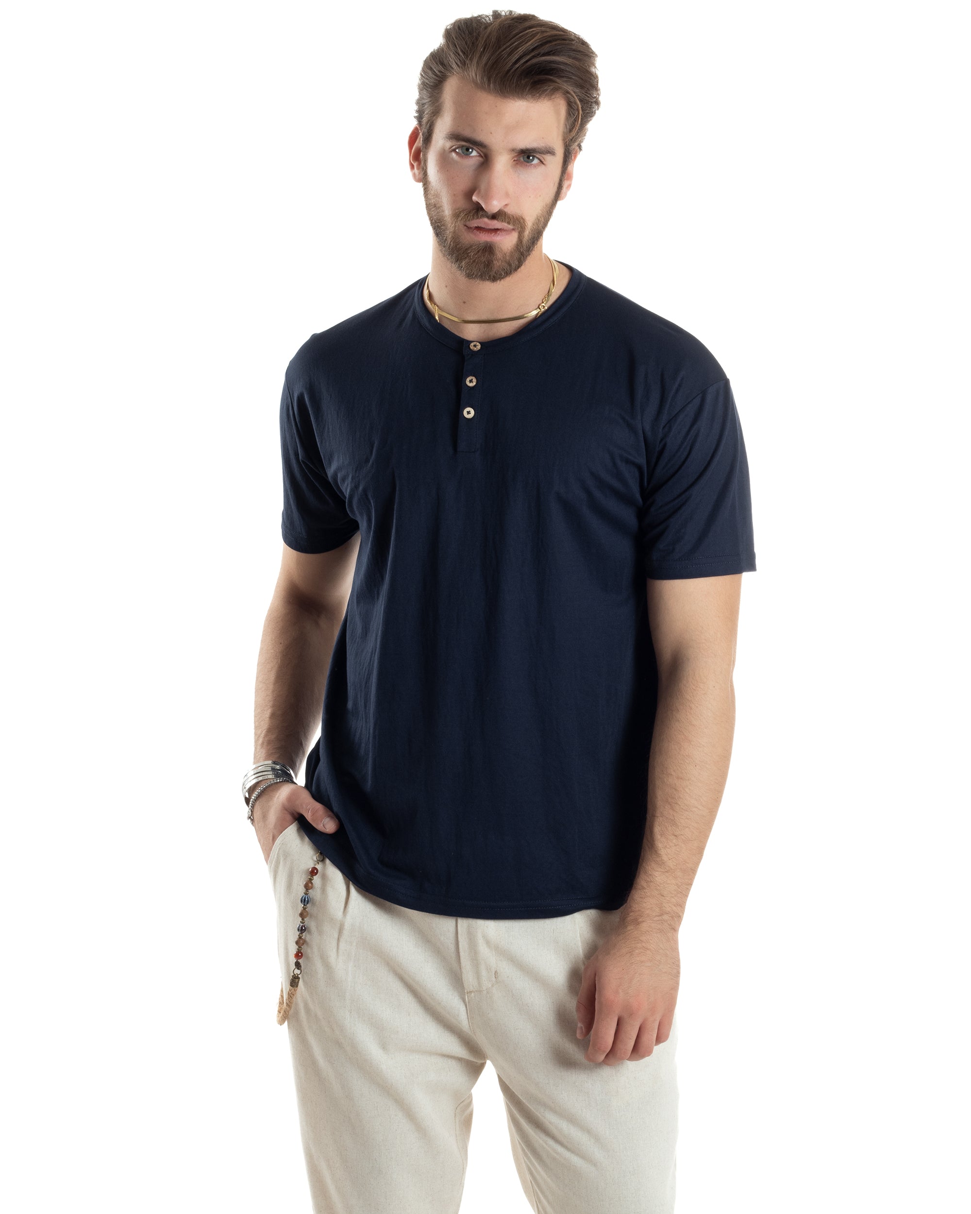Men's T-shirt Seraph Collar Buttons Solid Color Short Sleeve Cotton Blue Casual GIOSAL-TS2959A