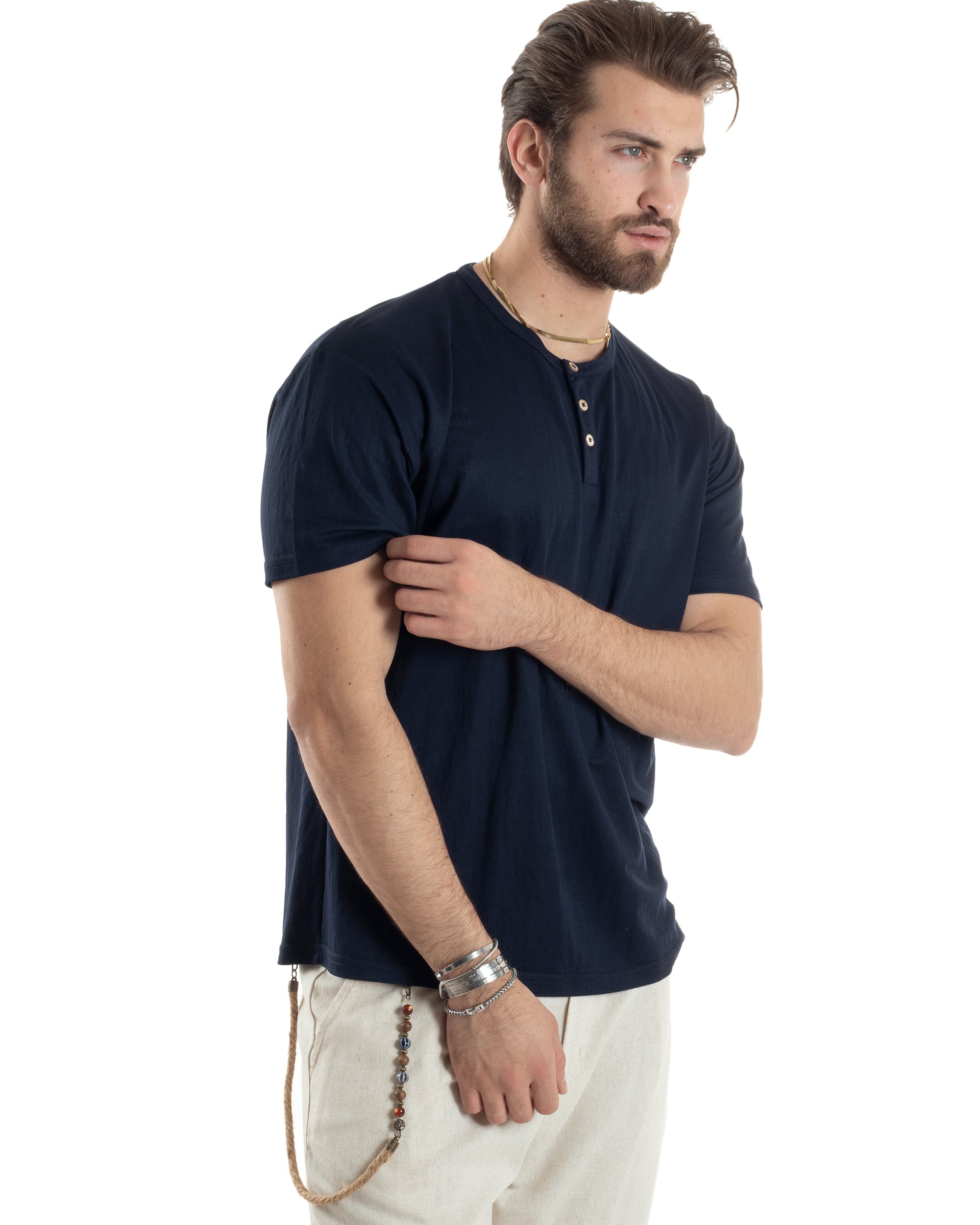 T-shirt Uomo Maniche Corte Viscosa Collo Serafino Maglia Con Bottoni Casual Blu GIOSAL-TS3039A