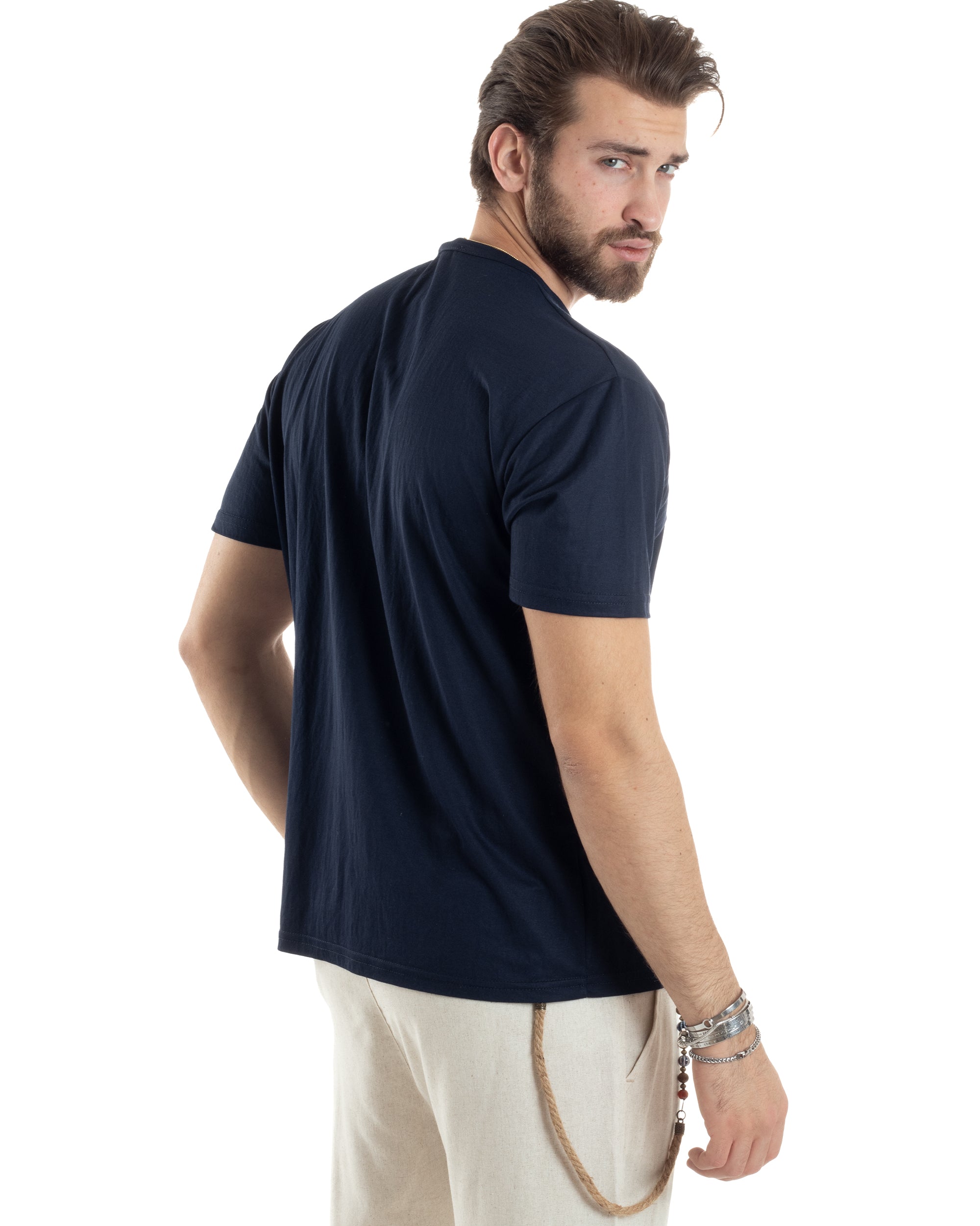 T-shirt Uomo Manica Corta Viscosa Collo Serafino Maglia Con Bottoni Casual Blu GIOSAL-TS3039A