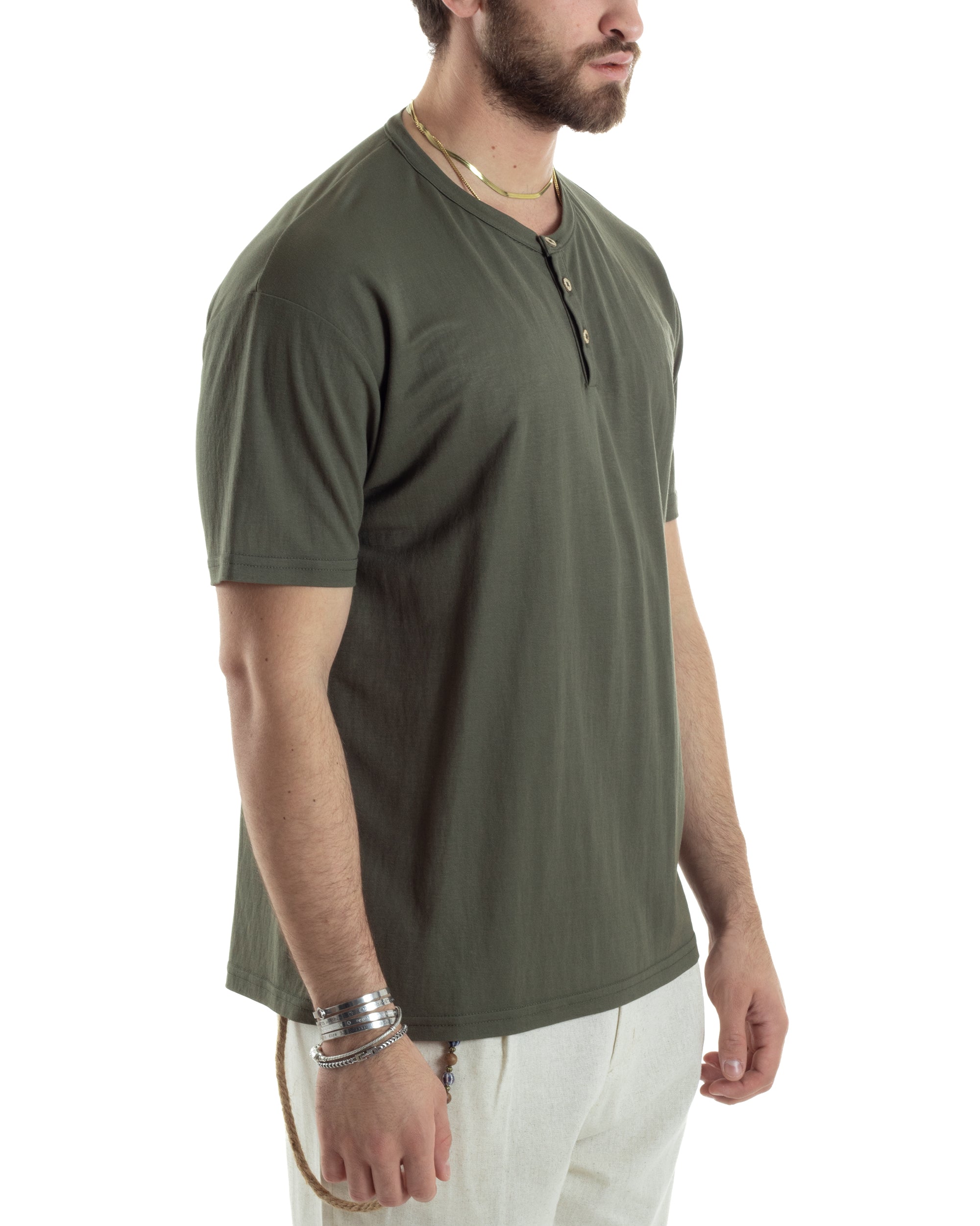 T-shirt Uomo Manica Corta Viscosa Collo Serafino Maglia Con Bottoni Casual Verde GIOSAL-TS3040A