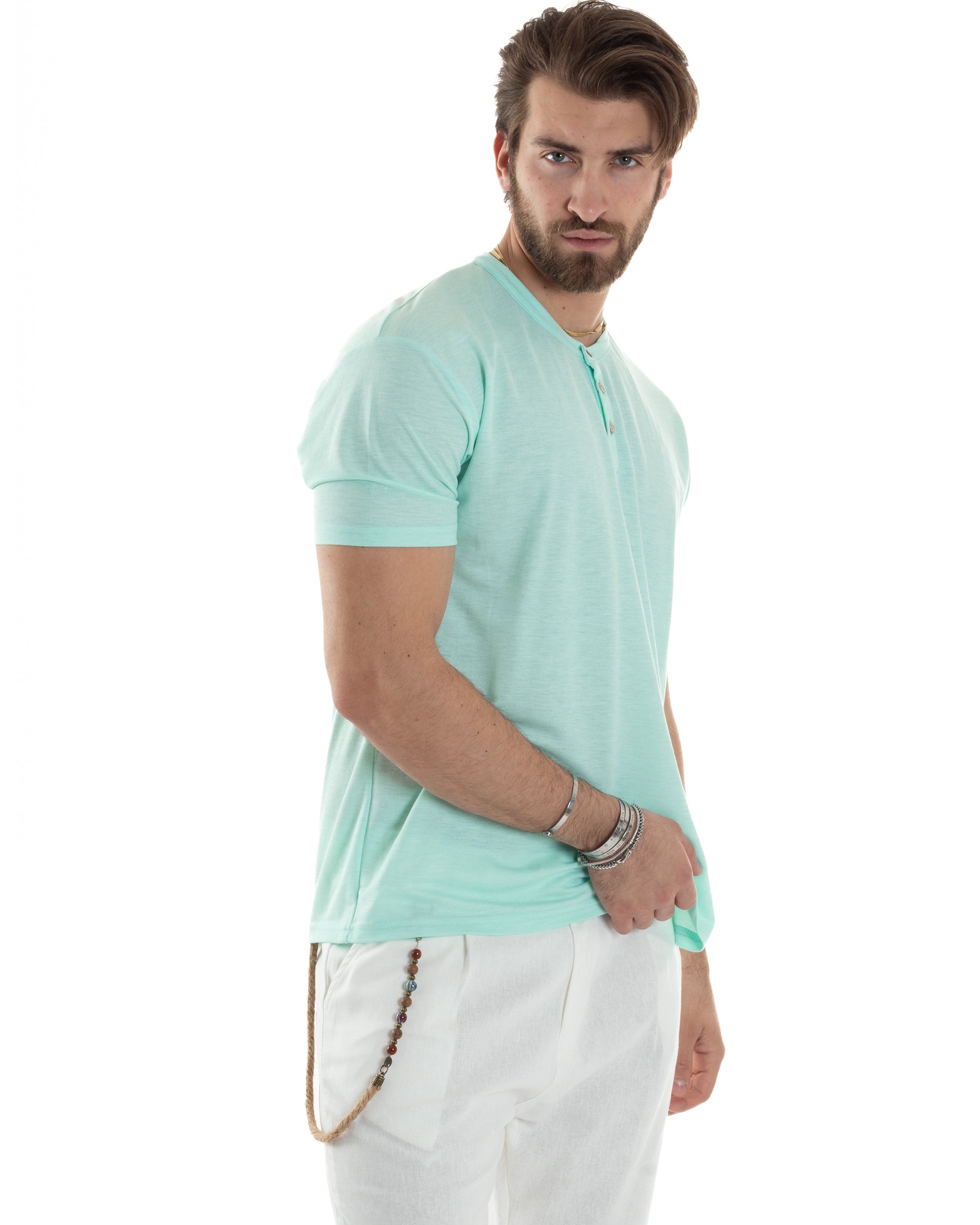 T-shirt Uomo Manica Corta Viscosa Collo Serafino Maglia Con Bottoni Casual Verde Acqua GIOSAL-TS3042A