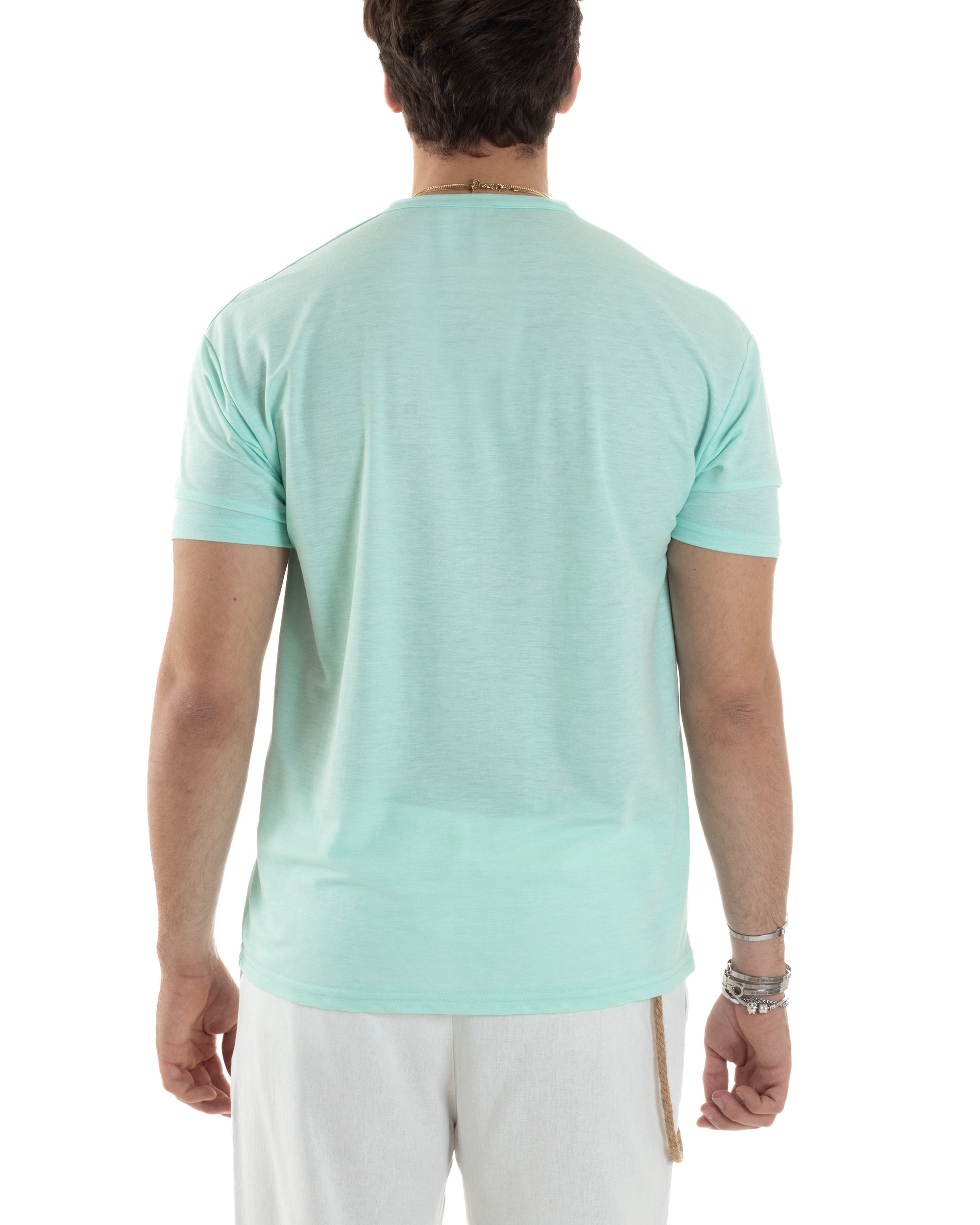 T-shirt Uomo Maniche Corte Viscosa Collo Serafino Maglia Con Bottoni Casual Verde Acqua GIOSAL-TS3042A