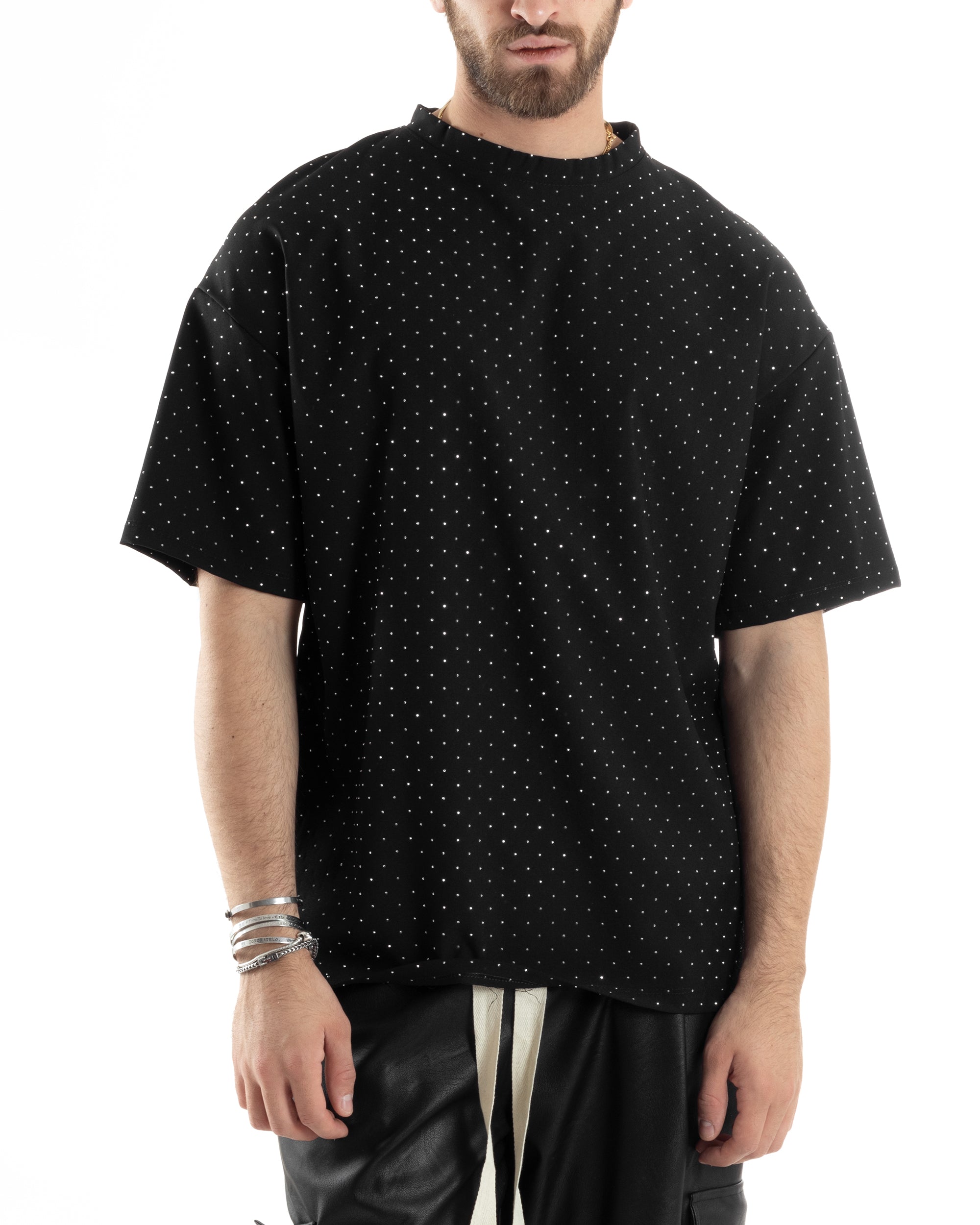 Men's Seraph Collar T-shirt Solid Color Buttons Short Sleeve Black Cotton Casual GIOSAL-TS2960A