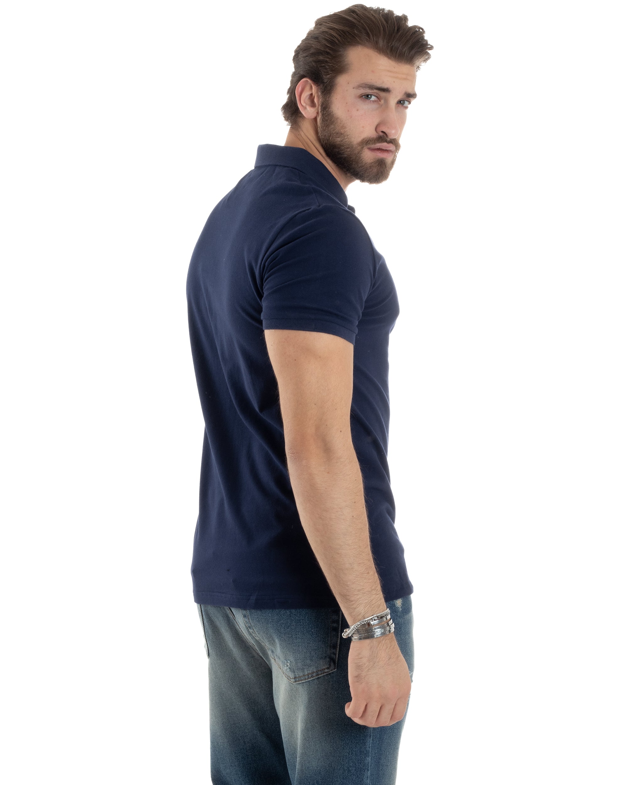 Polo Uomo Manica Corta T-shirt Con Colletto Bottoncini Basic Slim Fit Casual Tinta Unita Blu GIOSAL-TS3046A