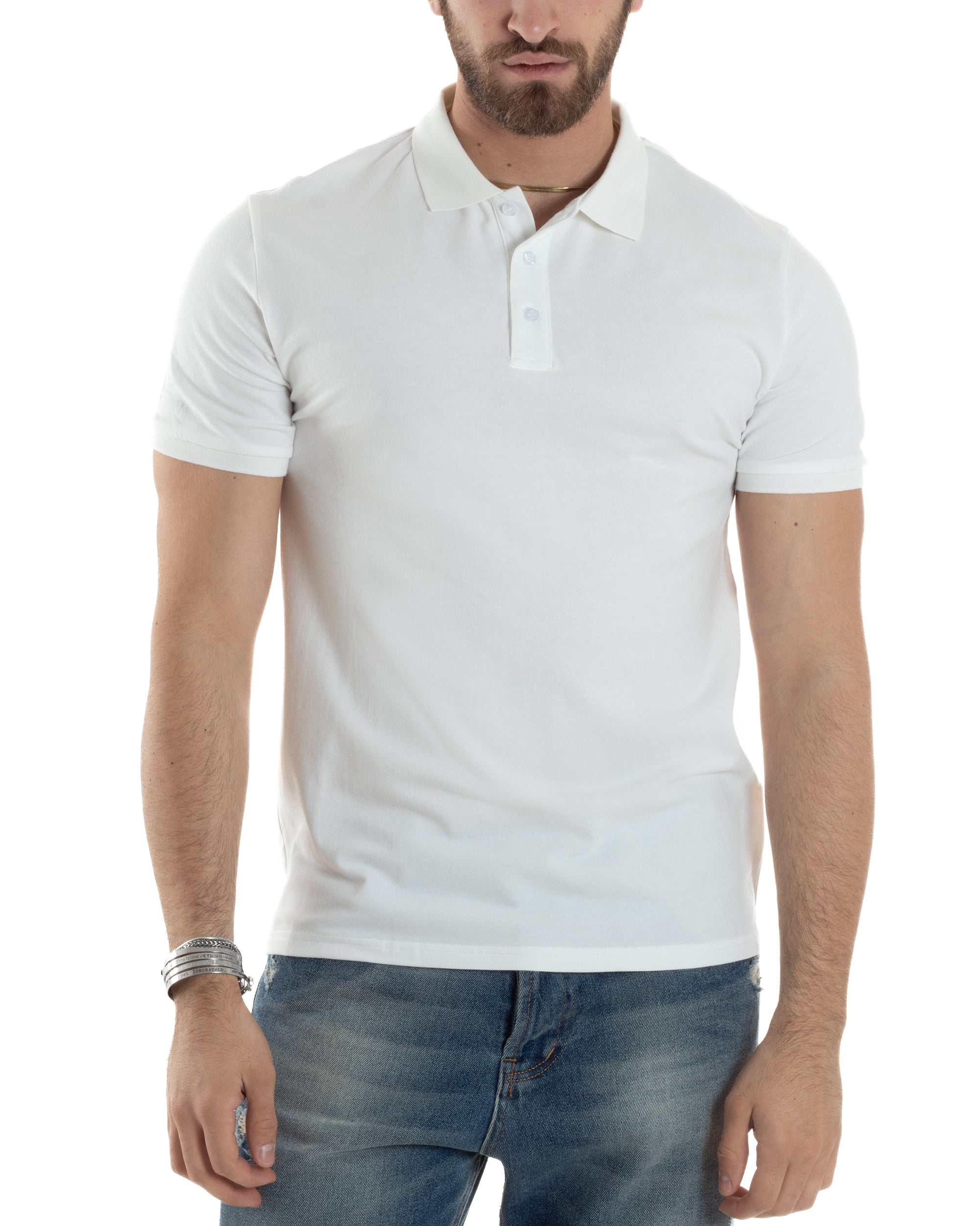 Polo Uomo Manica Corta T-shirt Con Colletto Bottoncini Basic Slim Fit Casual Tinta Unita Bianco GIOSAL-TS3047A