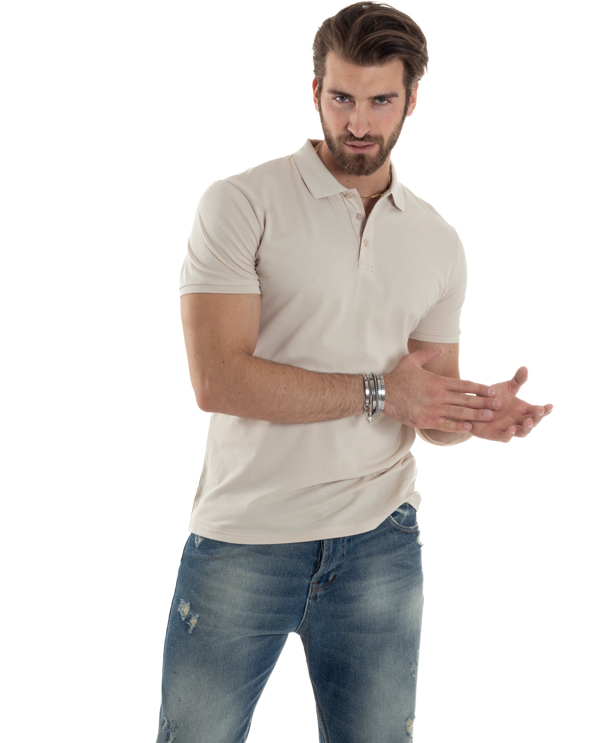 Polo Uomo Manica Corta T-shirt Con Colletto Bottoncini Basic Slim Fit Casual Tinta Unita Beige GIOSAL-TS3048A