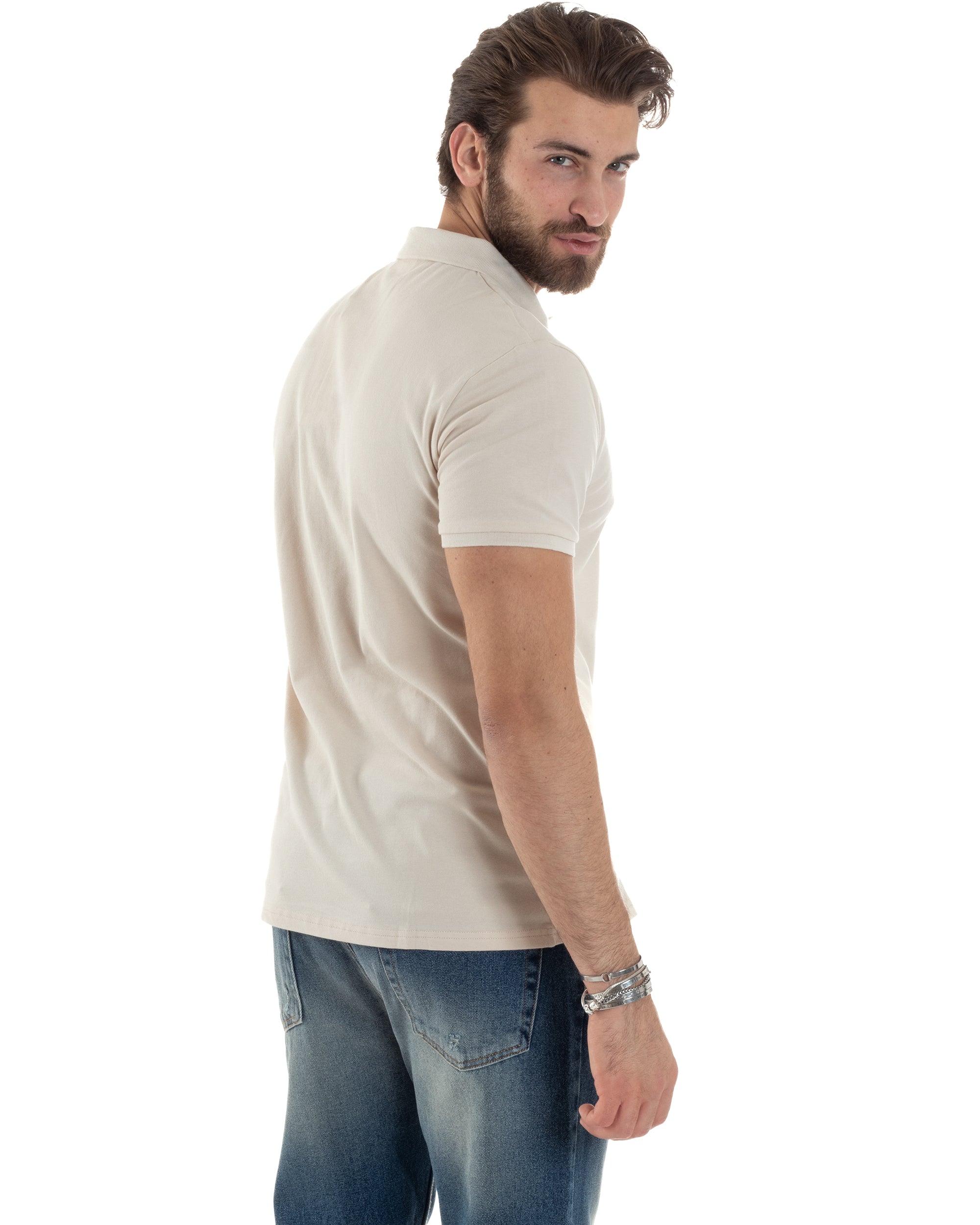 Polo Uomo Maniche Corte T-shirt Con Colletto Bottoncini Basic Slim Fit Casual Tinta Unita Beige GIOSAL-TS3048A