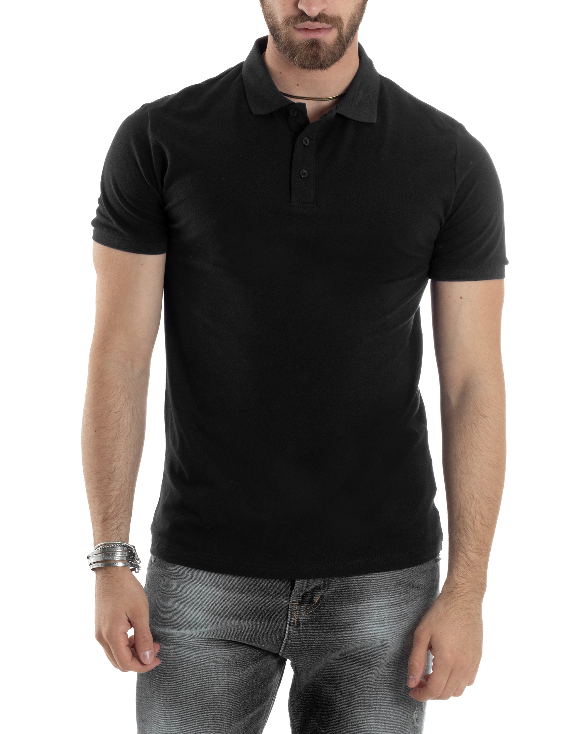 Men's T-shirt Polo Solid Color Black Short Sleeve Button Collar Basic Casual GIOSAL-TS2971A