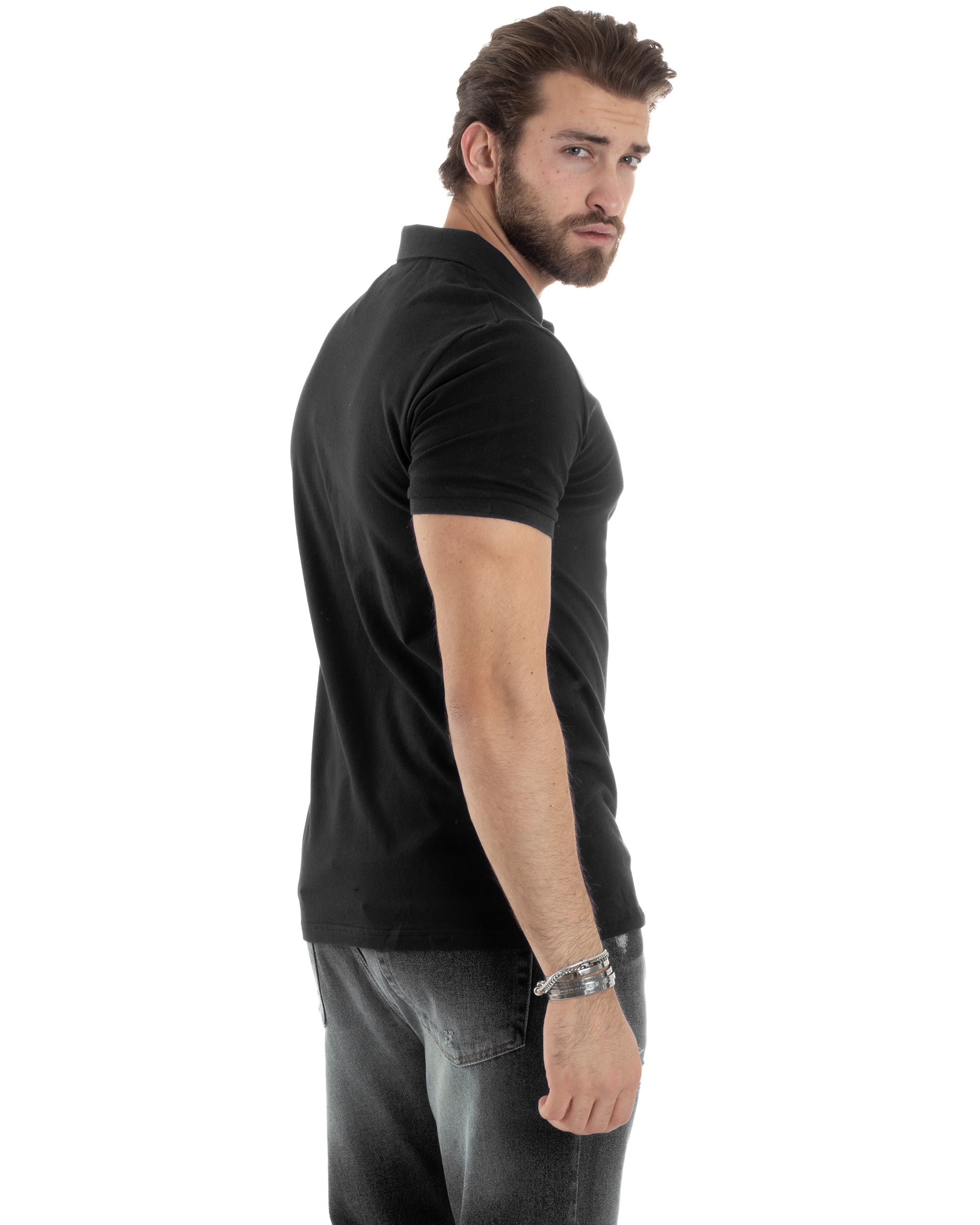 Polo Uomo Manica Corta T-shirt Con Colletto Bottoncini Basic Slim Fit Casual Tinta Unita Nero GIOSAL-TS3049A