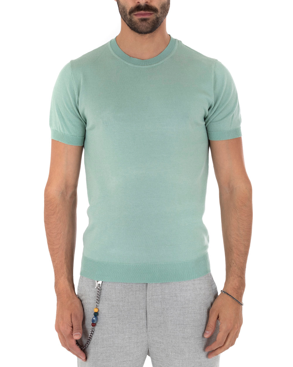 T-Shirt Uomo Manica Corta Tinta Unita Verde Salvia Girocollo Filo Casual GIOSAL-TS3050A
