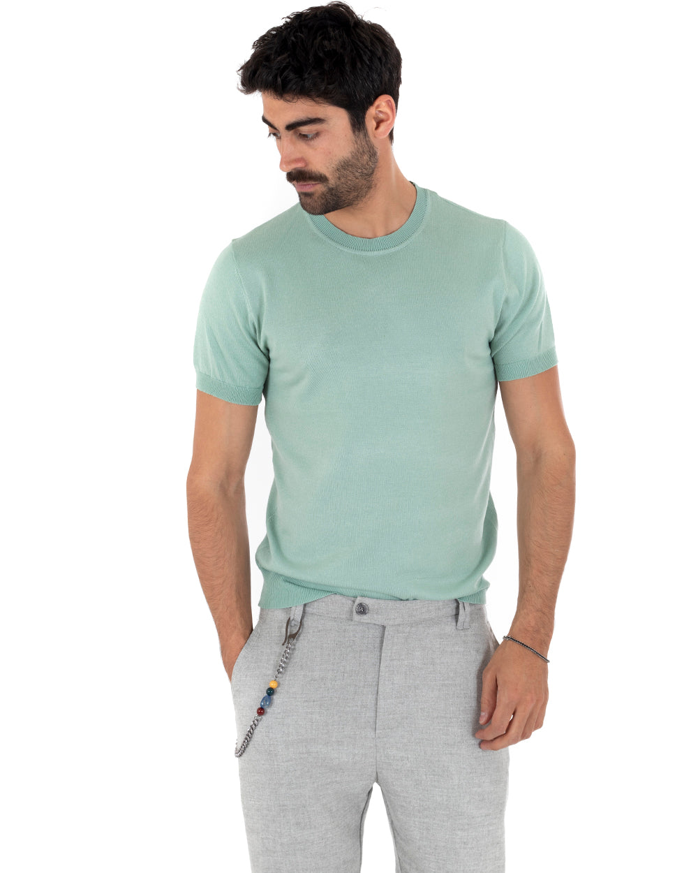 T-Shirt Uomo Maniche Corte Tinta Unita Verde Salvia Girocollo Filo Casual GIOSAL-TS3050A
