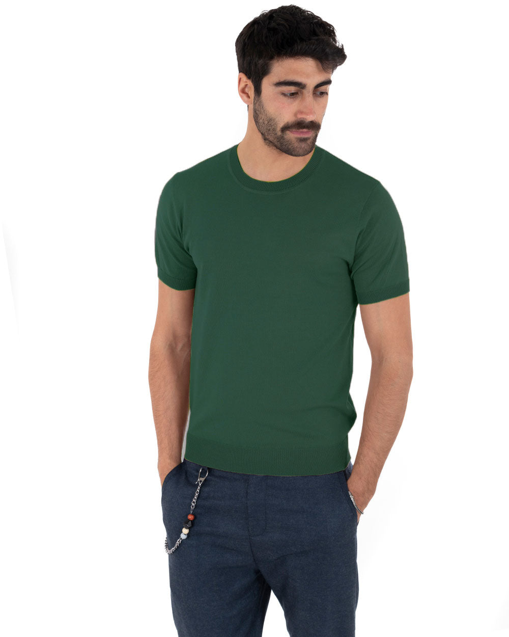 T-Shirt Uomo Manica Corta Tinta Unita Verde Bottiglia Girocollo Filo Casual GIOSAL-TS3051A