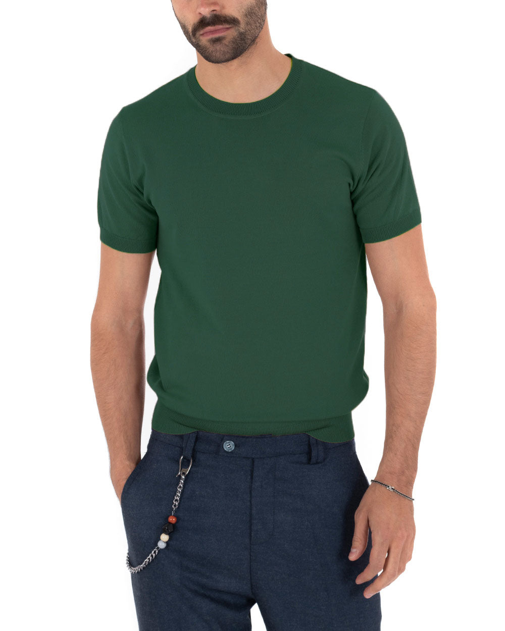 T-Shirt Uomo Manica Corta Tinta Unita Verde Bottiglia Girocollo Filo Casual GIOSAL-TS3051A