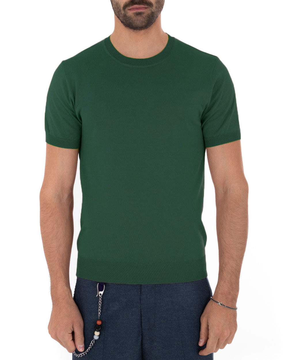 T-Shirt Uomo Maniche Corte Tinta Unita Verde Bottiglia Girocollo Filo Casual GIOSAL-TS3051A