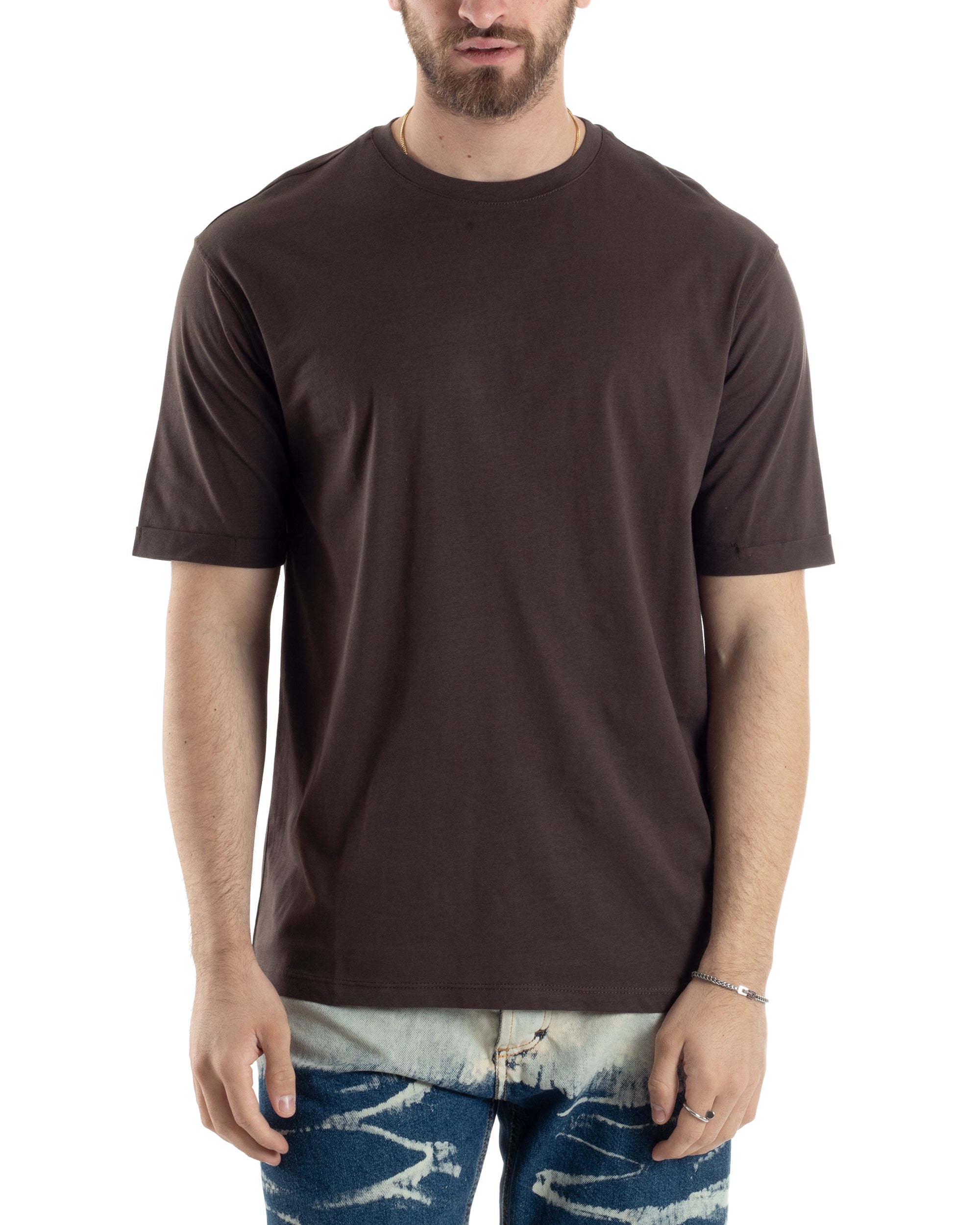 T-shirt Uomo Girocollo Basic Casual Regular Fit Tinta Unita Marrone GIOSAL-TS3056A