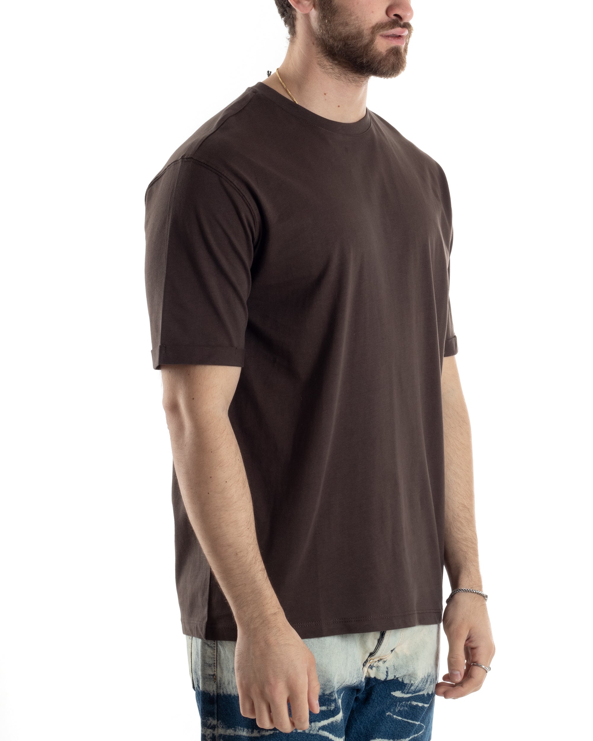 T-shirt Uomo Girocollo Basic Casual Regular Fit Tinta Unita Marrone GIOSAL-TS3056A