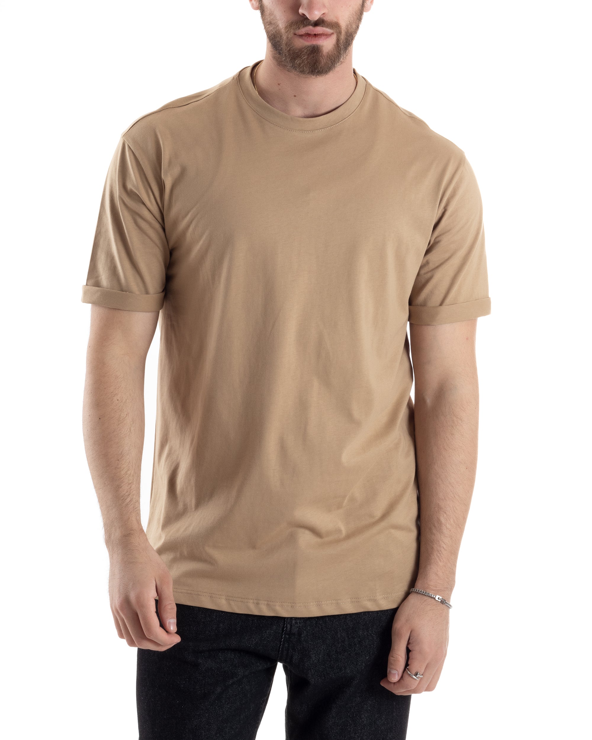 T-shirt Uomo Girocollo Basic Casual Regular Fit Tinta Unita Camel GIOSAL-TS3059A