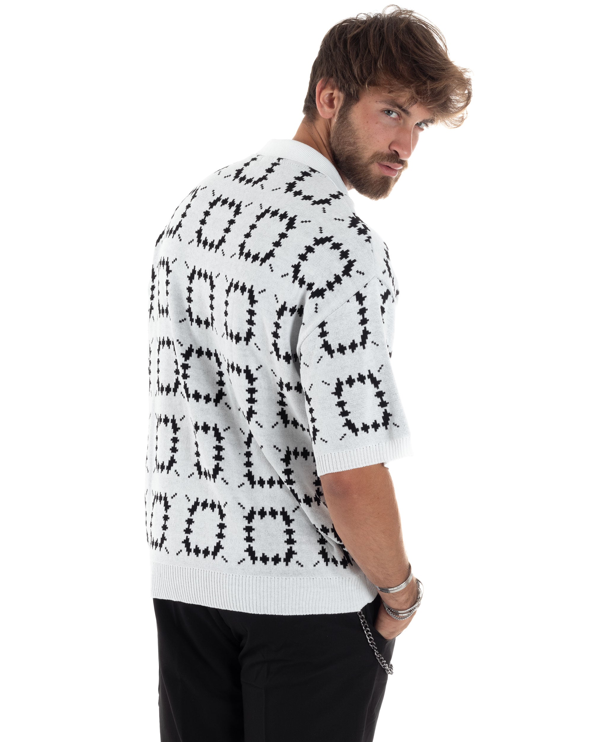 T-Shirt Uomo Maglia In Filo Regular Fit Colletto Polo Con Bottoncini Casual Jacquard Basic Bianco GIOSAL-TS3063A