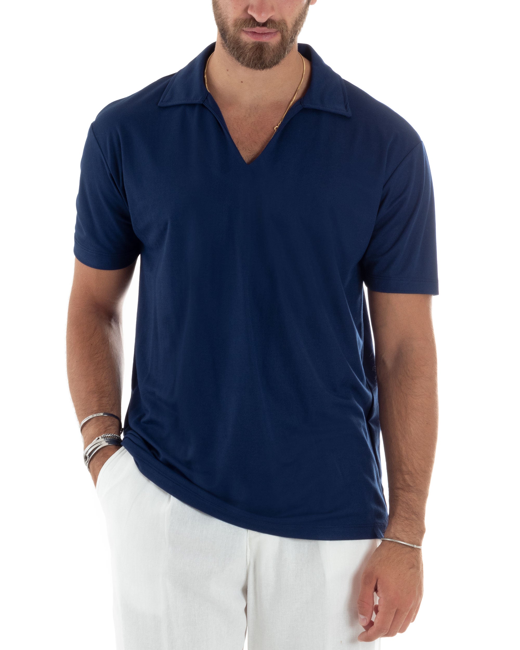 Polo Mezze Maniche Uomo Basic Scollo A V T-Shirt Con Colletto Tinta Unita Blu GIOSAL-TS3069A