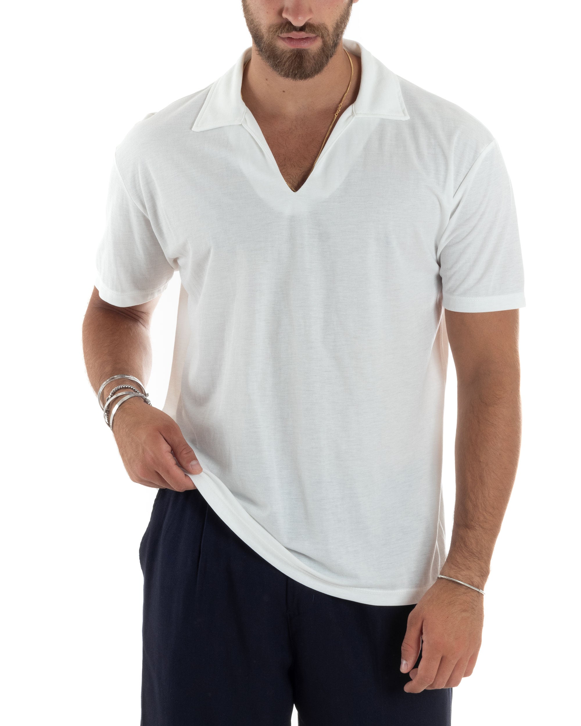 Polo Mezze Maniche Uomo Basic Scollo A V T-Shirt Con Colletto Tinta Unita Bianco GIOSAL-TS3071A