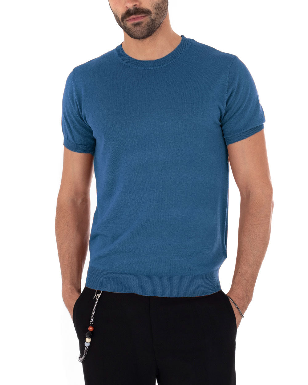 Men's T-Shirt Short Sleeve Solid Color Dark Blue Round Neck Thread Casual GIOSAL-TS2775A