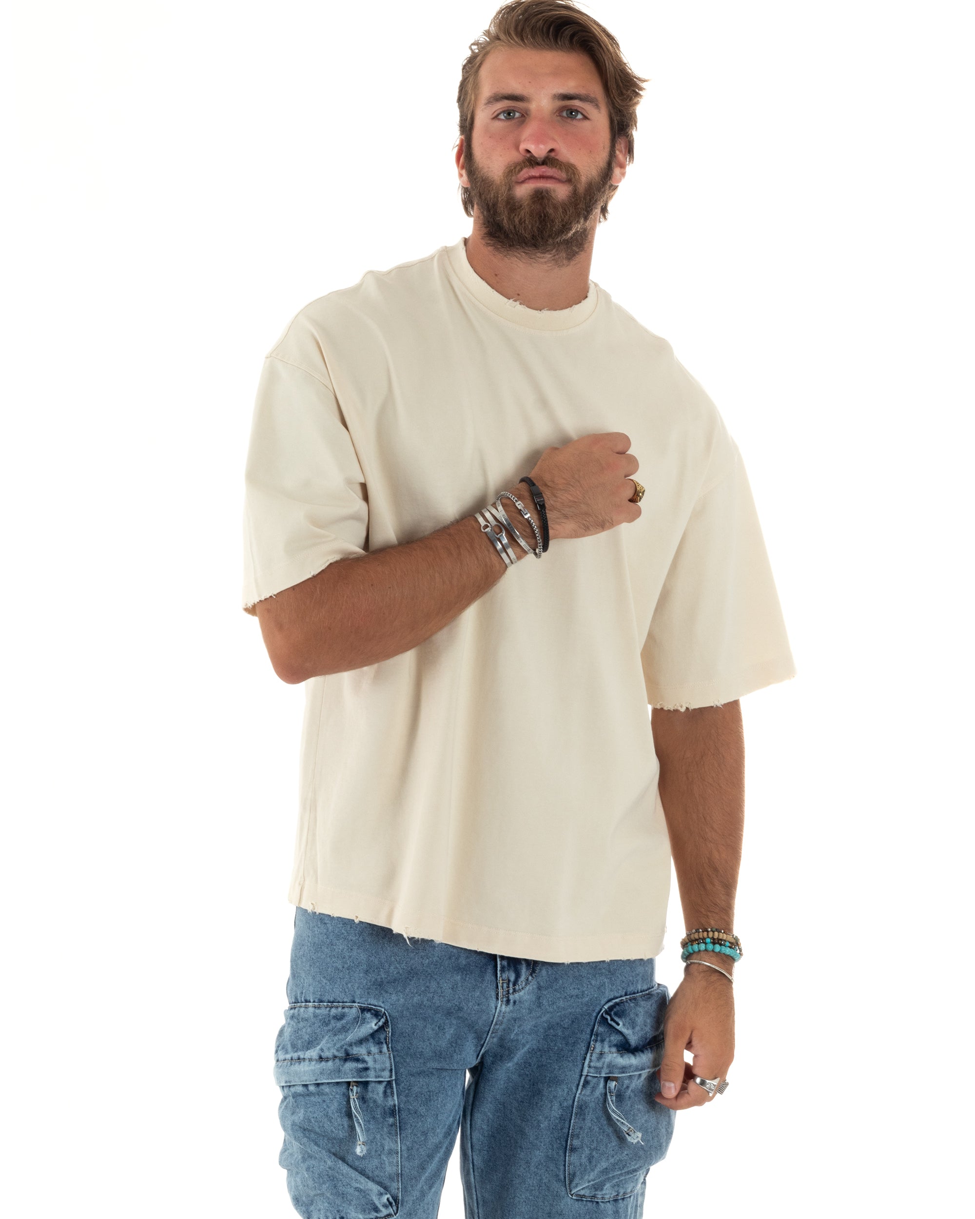 T-shirt Uomo Girocollo Con Rotture Cotone Maglia Mezze Maniche Basic Boxy Fit Casual Tinta Unita Crema GIOSAL-TS3076A