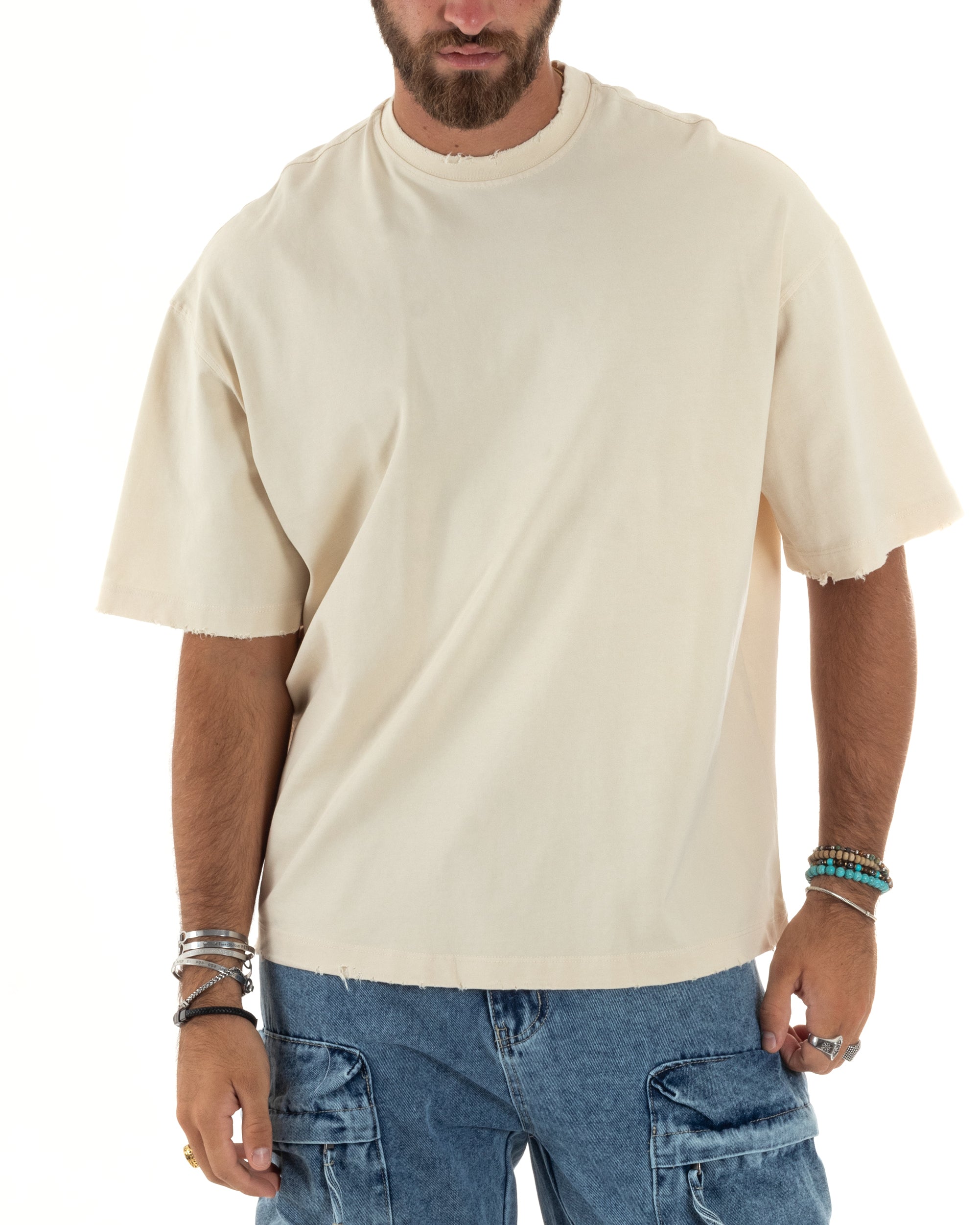 T-shirt Uomo Girocollo Con Rotture Cotone Maglia Mezze Maniche Basic Boxy Fit Casual Tinta Unita Crema GIOSAL-TS3076A