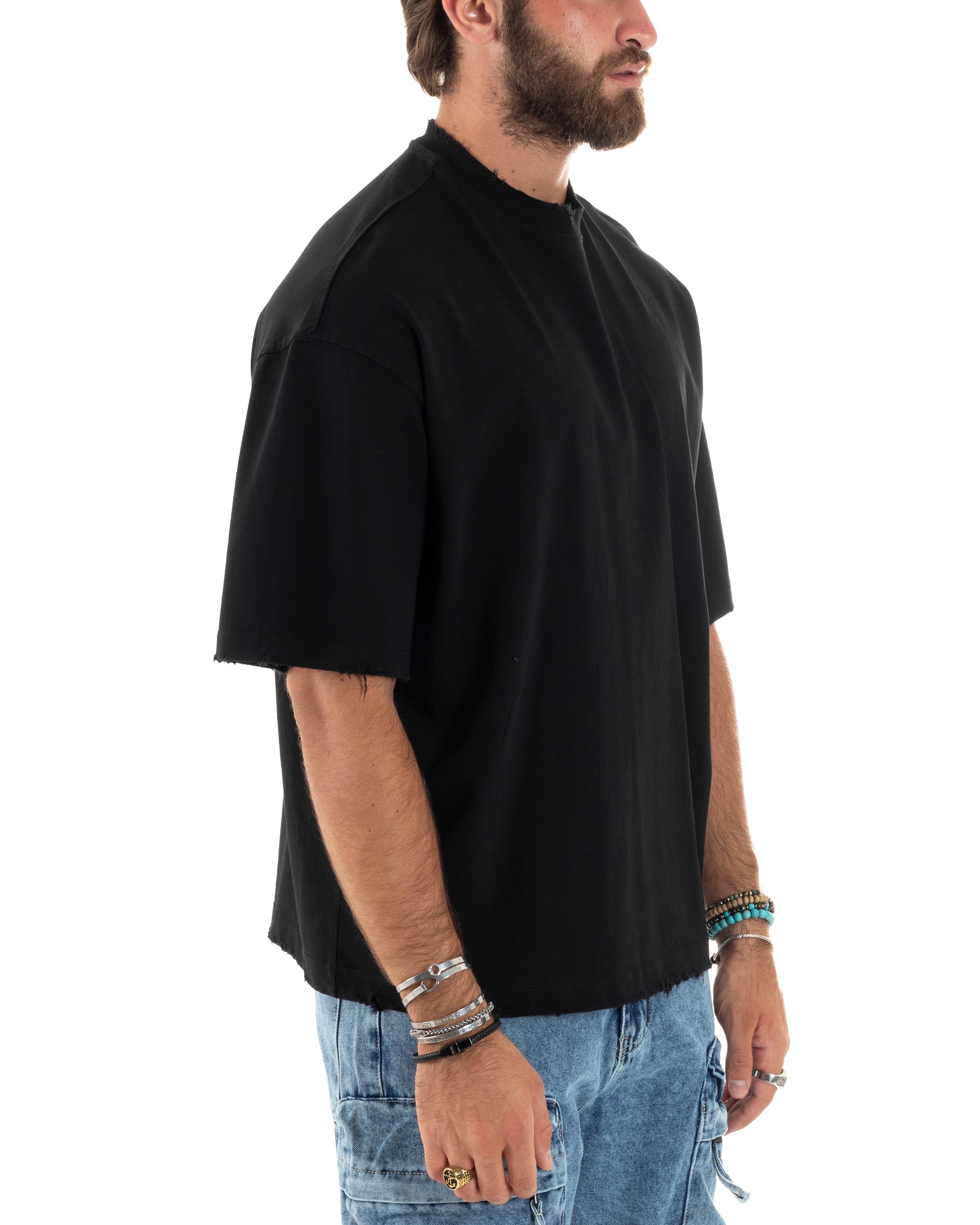 T-shirt Uomo Girocollo Con Rotture Cotone Maglia Mezze Maniche Basic Boxy Fit Casual Tinta Unita Nero GIOSAL-TS3077A