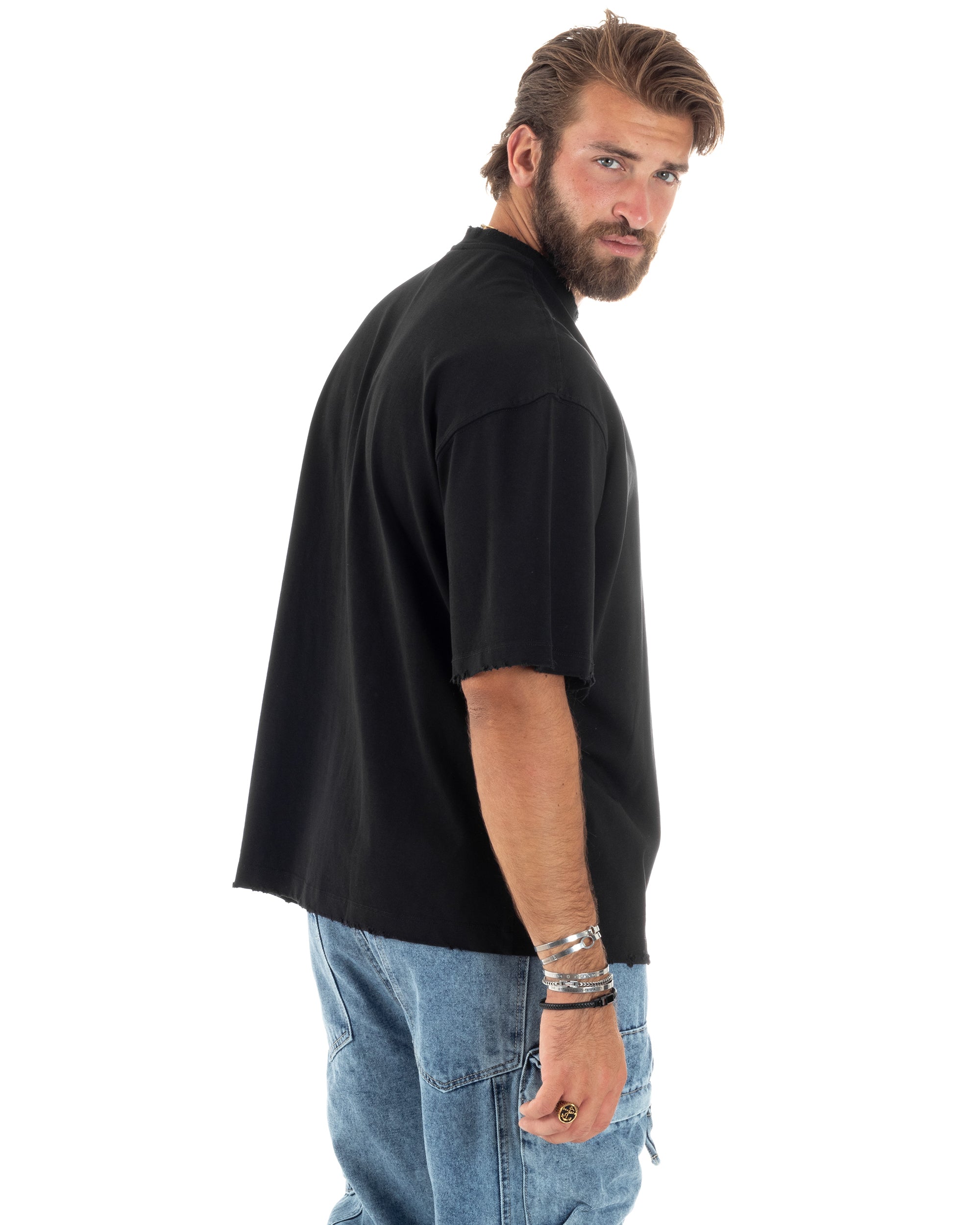 T-shirt Uomo Girocollo Con Rotture Cotone Maglia Mezze Maniche Basic Boxy Fit Casual Tinta Unita Nero GIOSAL-TS3077A