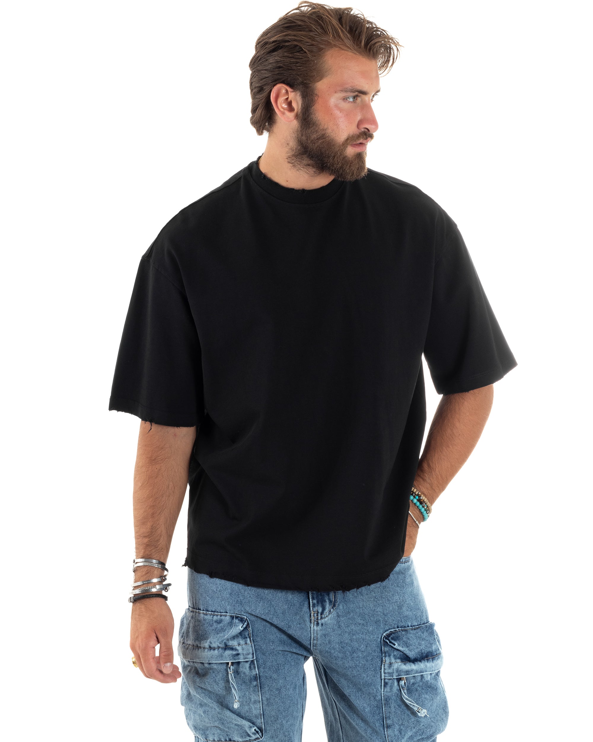 T-shirt Uomo Girocollo Con Rotture Cotone Maglia Mezze Maniche Basic Boxy Fit Casual Tinta Unita Nero GIOSAL-TS3077A