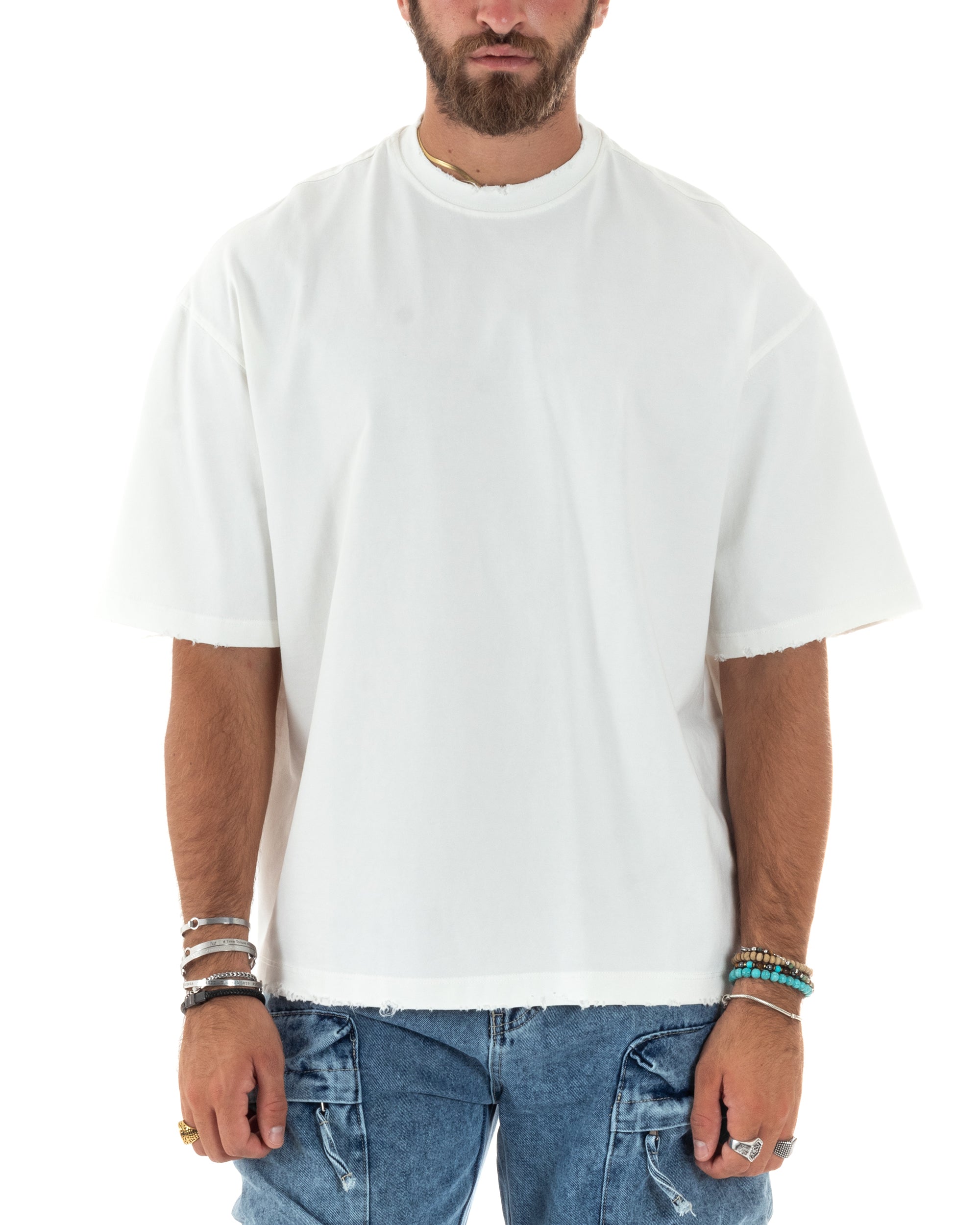 T-shirt Uomo Girocollo Con Rotture Cotone Maglia Mezze Maniche Basic Boxy Fit Casual Tinta Unita Bianco GIOSAL-TS3078A