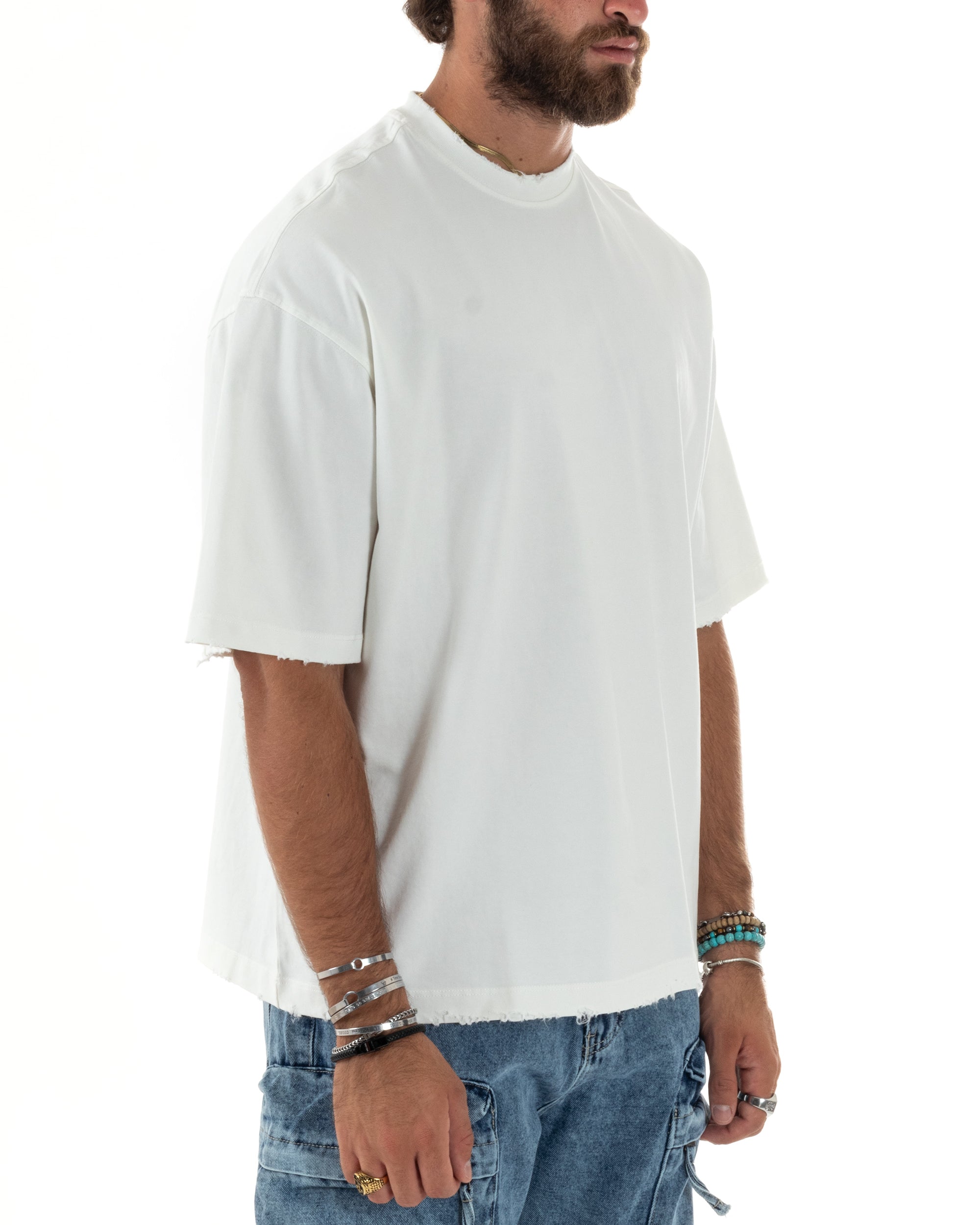 T-shirt Uomo Girocollo Con Rotture Cotone Maglia Mezze Maniche Basic Boxy Fit Casual Tinta Unita Bianco GIOSAL-TS3078A