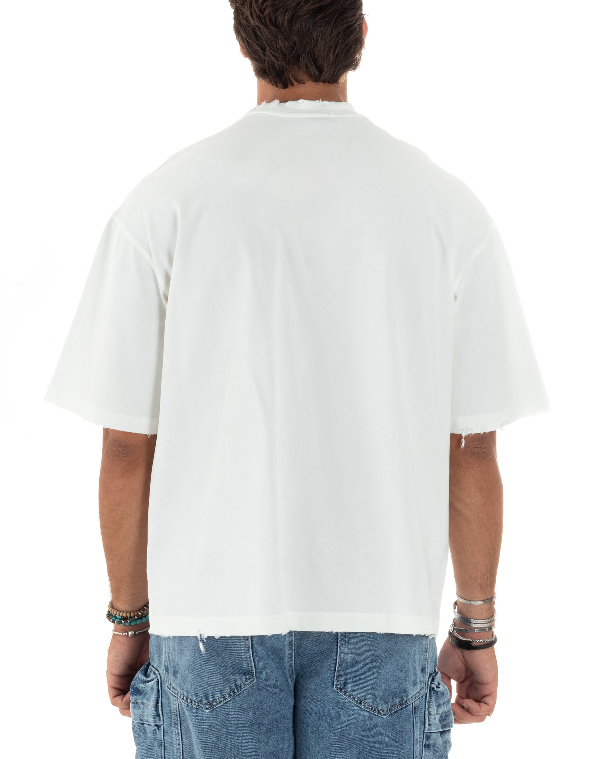 T-shirt Uomo Girocollo Con Rotture Cotone Maglia Mezze Maniche Basic Boxy Fit Casual Tinta Unita Bianco GIOSAL-TS3078A