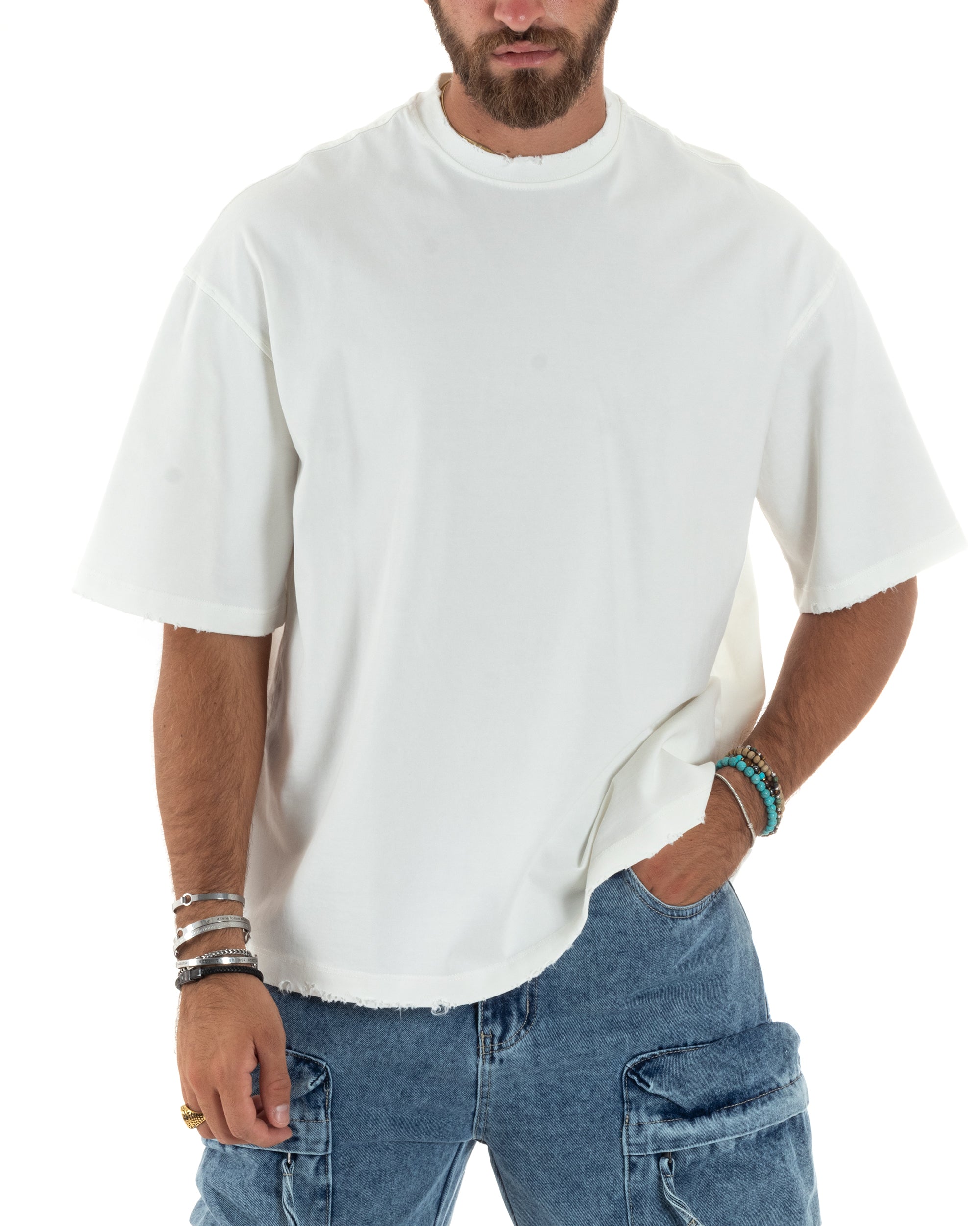 T-shirt Uomo Girocollo Con Rotture Cotone Maglia Mezze Maniche Basic Boxy Fit Casual Tinta Unita Bianco GIOSAL-TS3078A